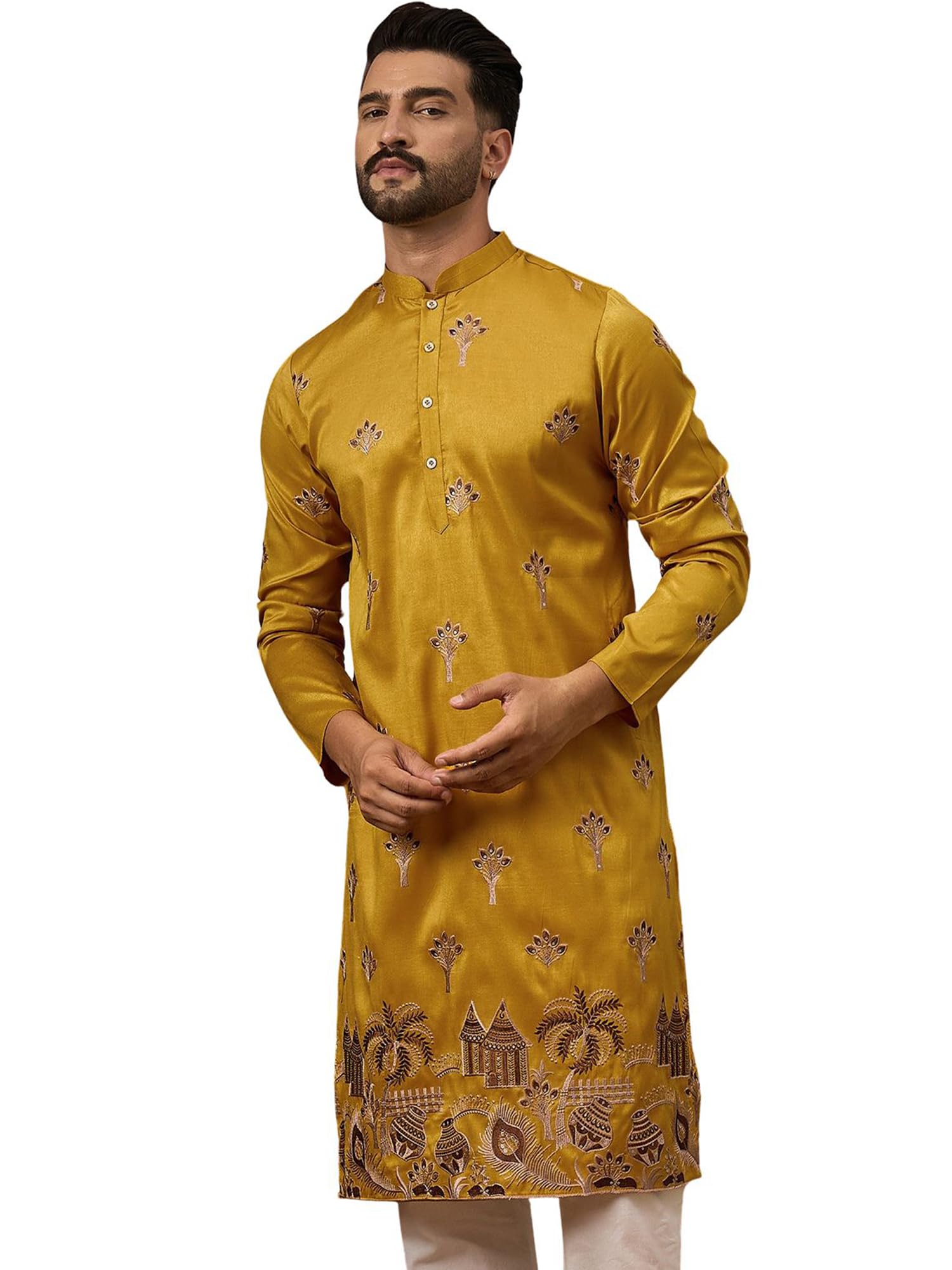 ethnic bay Men's Yellow Silk Blend Solid Embroidered Calf Length Kurta's | Embroidered Kurta for Men | Straight Fit Kurtas for Mens-picture-27