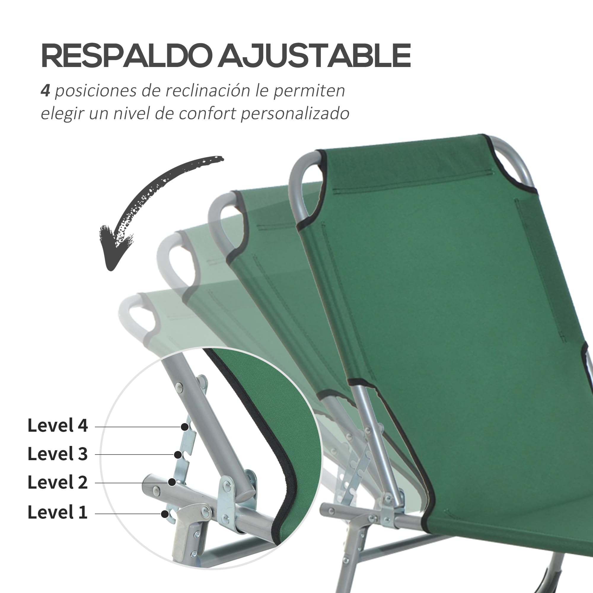 Outsunny Cama Plegable para Camping Cama Portátil con Altura Ajustable en 4 Niveles Carga 120 kg y Marco Metálico para Playa Piscina 187x58x30cm Verde