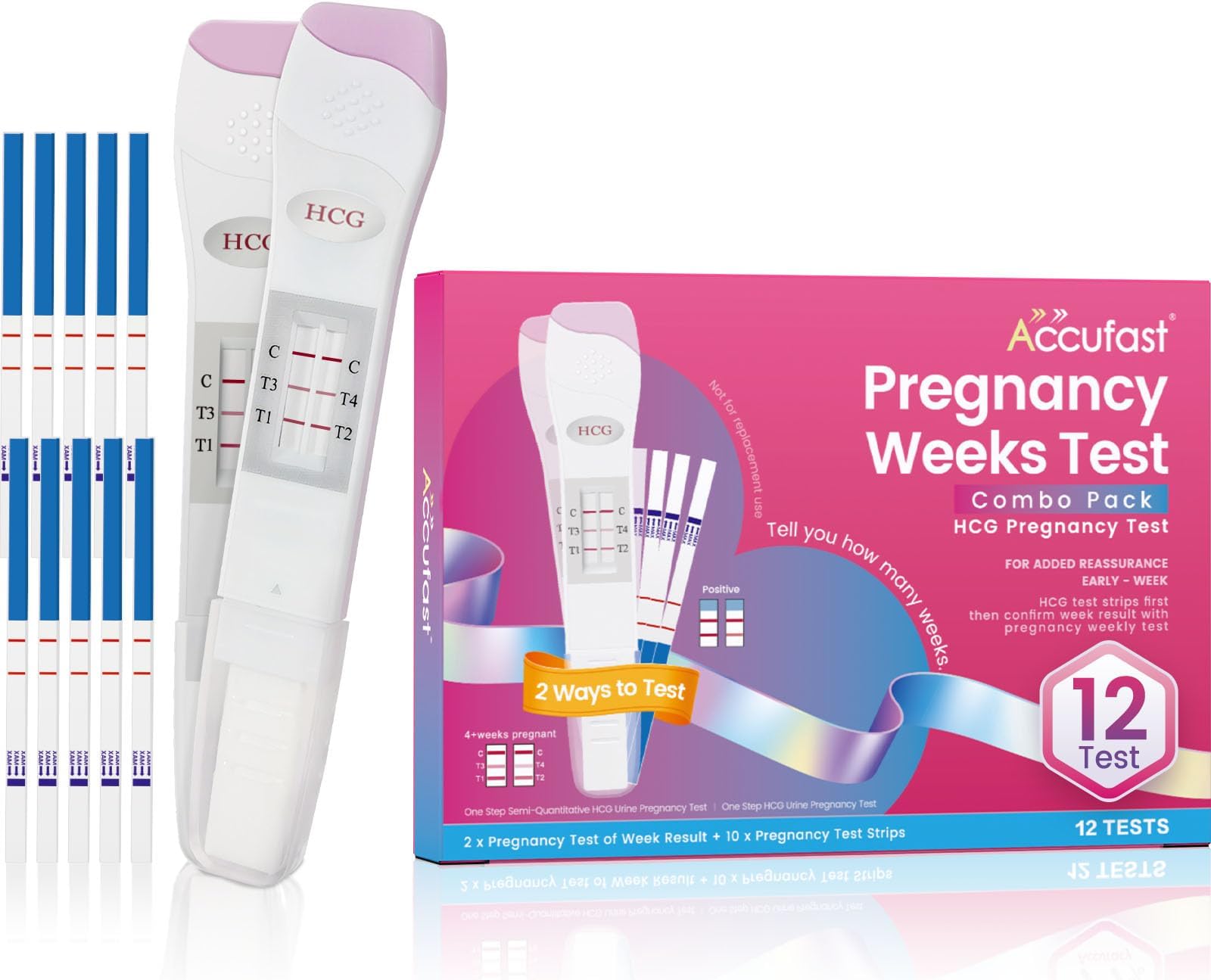 Pregnancy Test Weeks Indicator - Combo Pack 12 Tests, 2X Pregnancy Weeks Test Sticks 25 MIU/ml, 10x Pregnancy Test Strips 10 MIU/ml, Ultra Early 2 Ways Check - Tells You How Many Weeks (12 Tests)