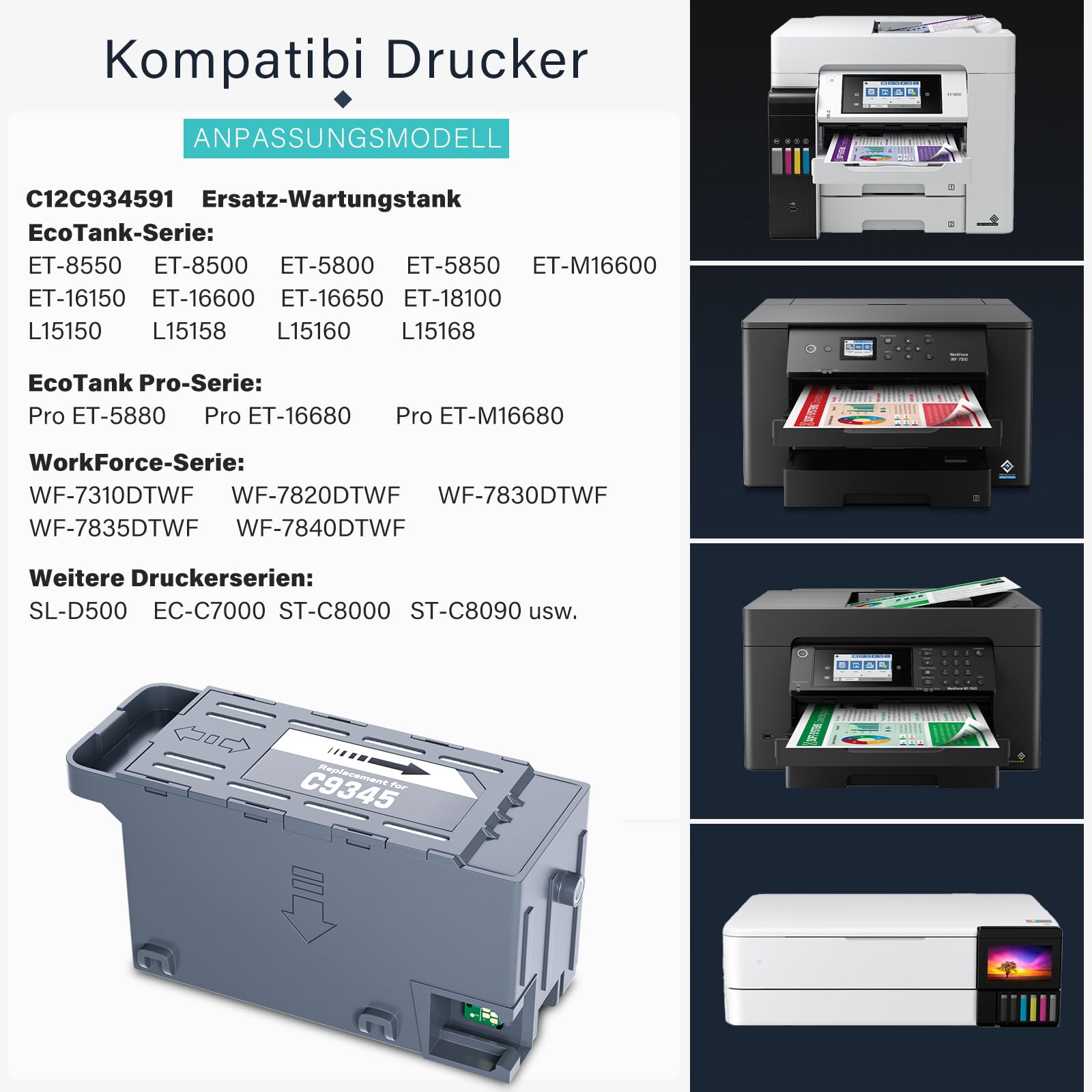 Spaceink C9345 Contenitore per la manutenzione dell'inchiostro per Epson ET-5880 ET-5850 ET-5800 ET-16650 ET-16600 ET-16150 Mono ET-M16600 WF-7830DTWF Pro WF-7840DTWF SC-8000 WF-7820 WF-7844. 0 L15150