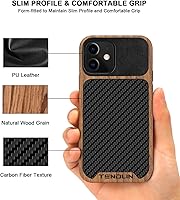 Vista 3 de TENDLIN Compatible con iPhone 12 CaseiPhone 12 Pro Funda de grano de madera con textura de fibra de carbono, funda híbrida de cuero negro