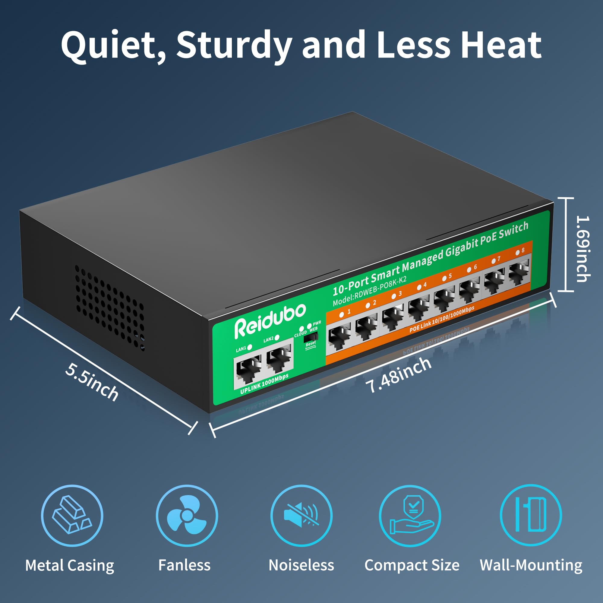 Commutateur PoE géré Gigabit à 10 ports, 8 ports PoE+ à 120 W avec liaison montante 2 Gigabit, IEEE802.3af/at, VLAN, planificateur PoE, sans ventilateur, Plug and Play, commutateur Ethernet en métal