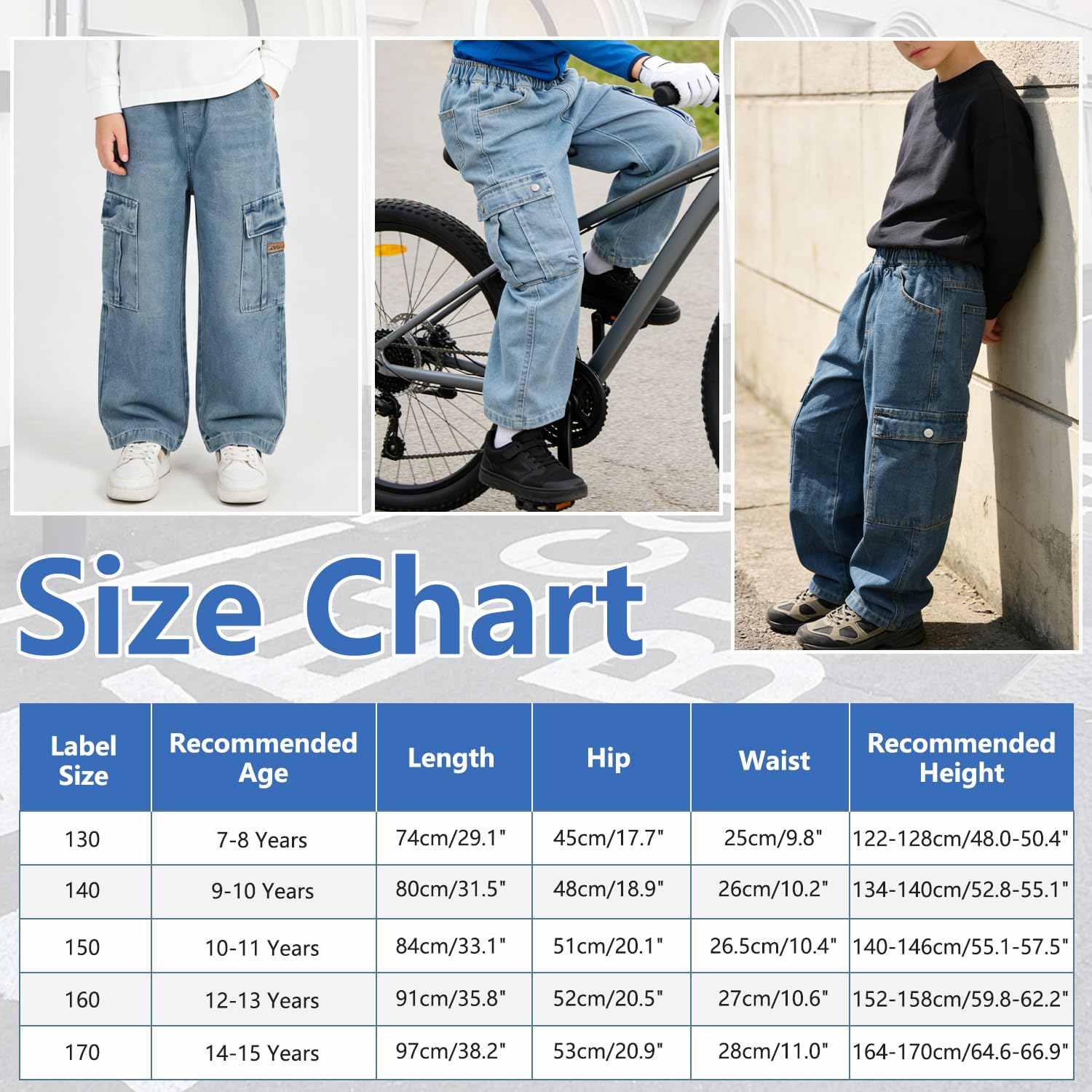 Jeans Baggy Garçon Taille Élastique Cargo Pantalon en Denim 7-15 Ans | Multiples Poches, Loose Fit, Jambes Larges, Enfants Décontracté Cargo Jean, Mode Streetwear Outdooor Casual Pantalons