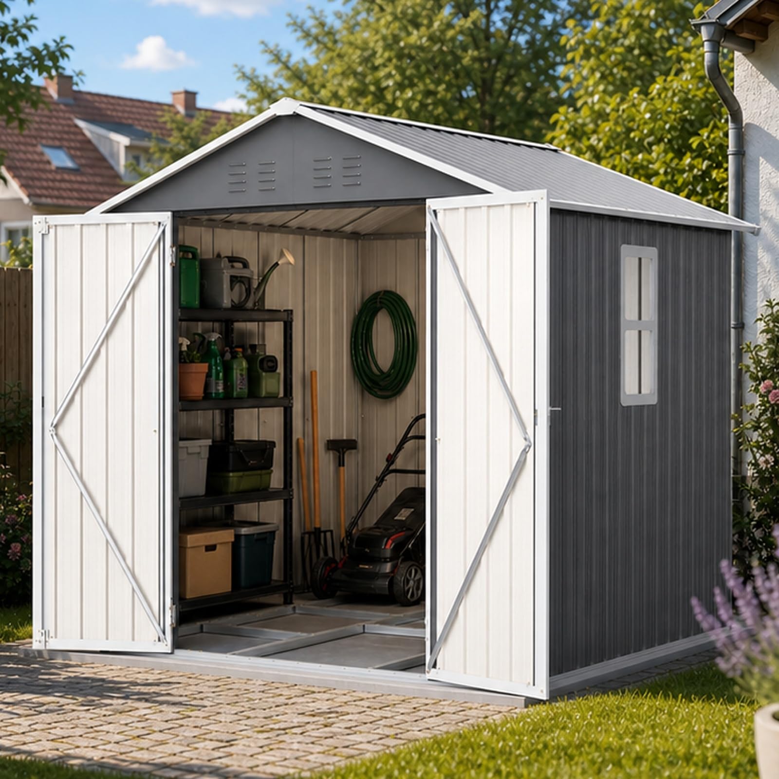 6x6FT Abris de Jardin Métal 185x182x191, Cabanon de Jardin Extérieur