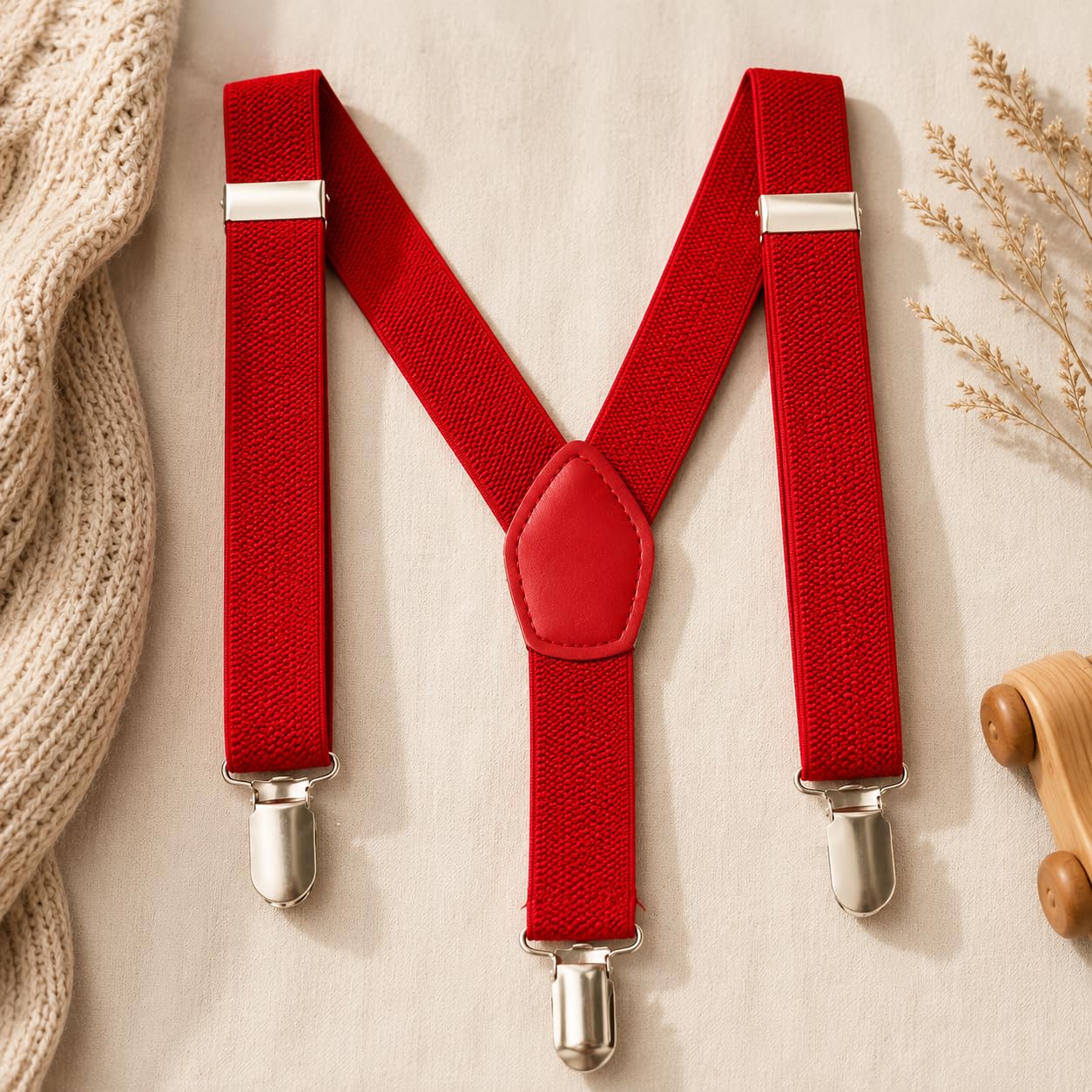nino's Worlds Kids Adjustable Y-Back Suspenders for Boys & Girls, Elastic Clip-On Braces, Metal Clips, School, Parties & Formal Wear (Red)