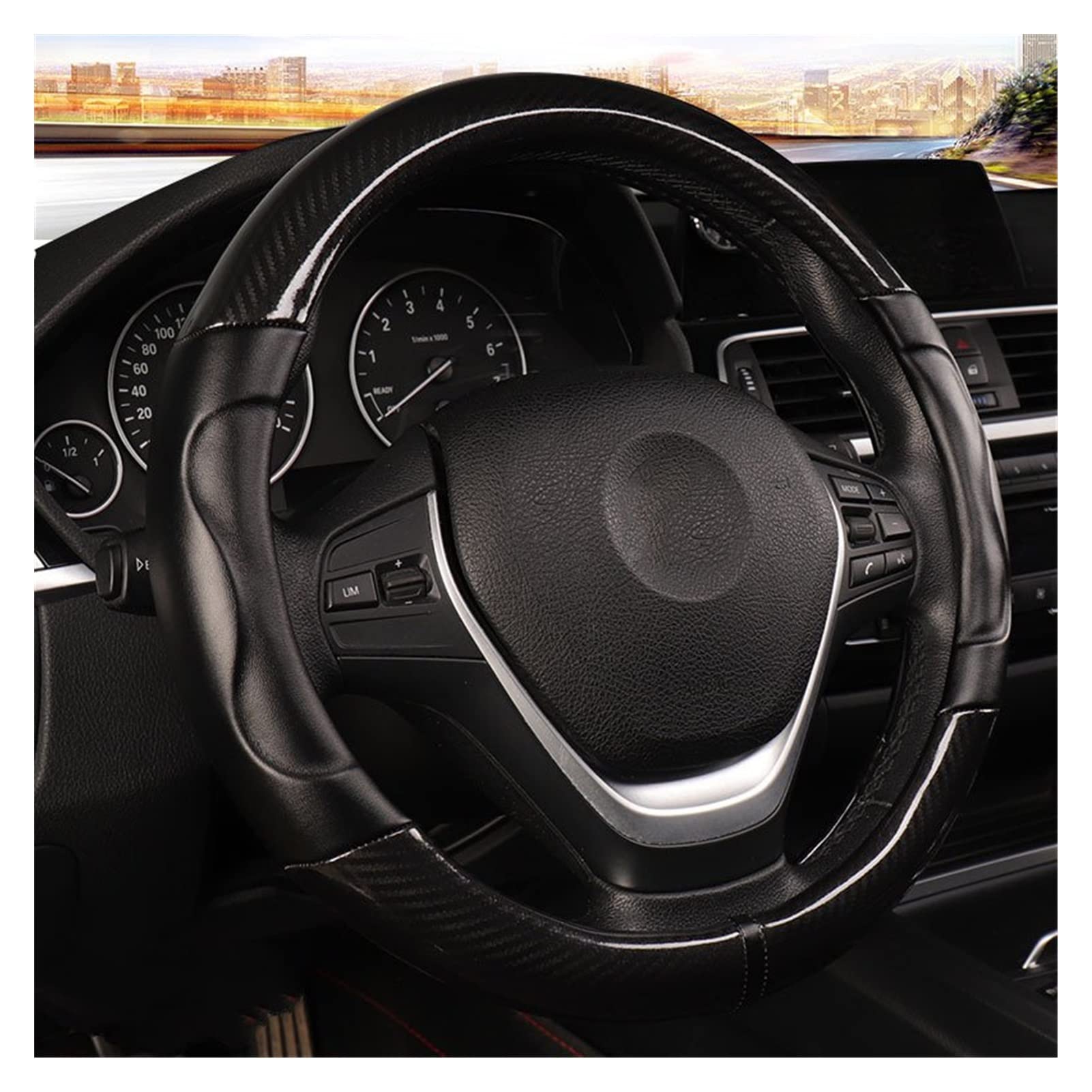 pour 15 Pouces Auto Couverture Volant en Cuir Fiber Carbone Auto Anti-dérapant Couverture Roue Protecteur Automobile Accessoires Intérieurs Housse Volant Caches Volant (Couleur : 2)