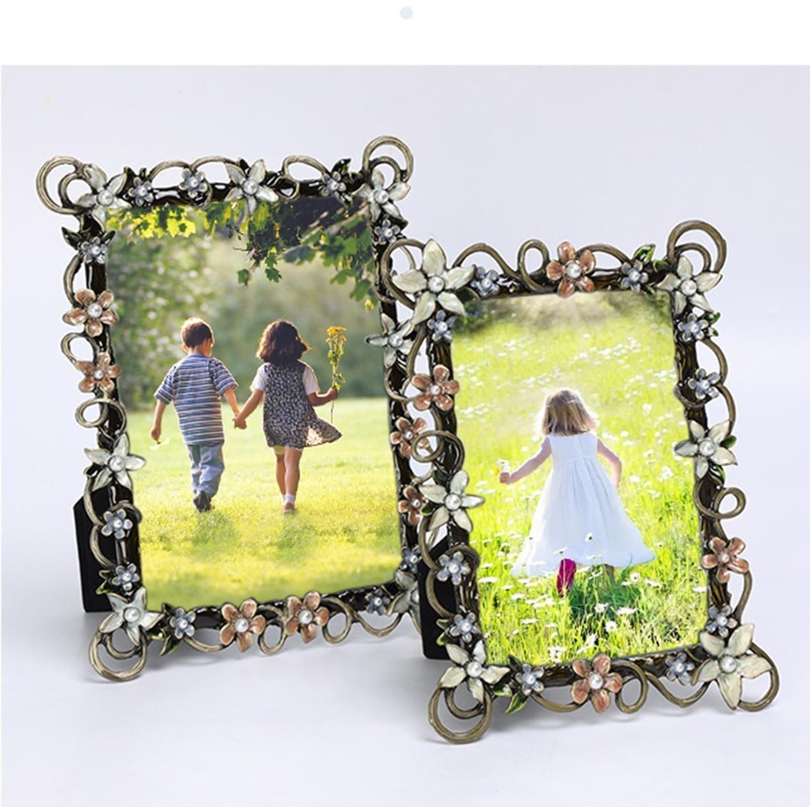Unikalna ramka na zdjęcia 5 x 7 cm, metalowa ramka na zdjęcia w stylu vintage, zdjęcie kwiatowe w stylu retro, prostokątny, pionowy blat, prezenty do gospodarstwa domowego (15 x