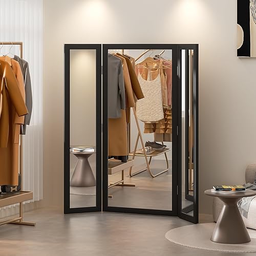 Miniatura 7 de Espejo de 3 vías de longitud completa con vidrio templado, espejo de piso de triple pliegue nupcial de gran tamaño con marco de madera, espejo