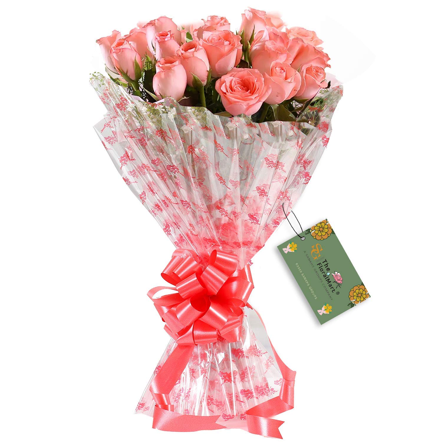 Fresh Flower Bouquet of 15 Pink Roses in Cellophane Wrapping-image-4