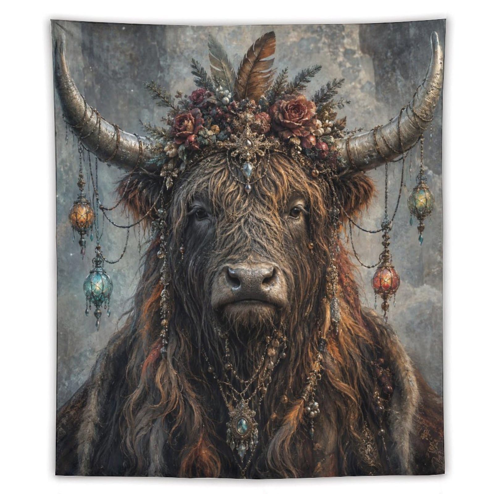 H3B8U2Y5 Highland Cow Boho Portrait Wall Tapestry, Oil Painting