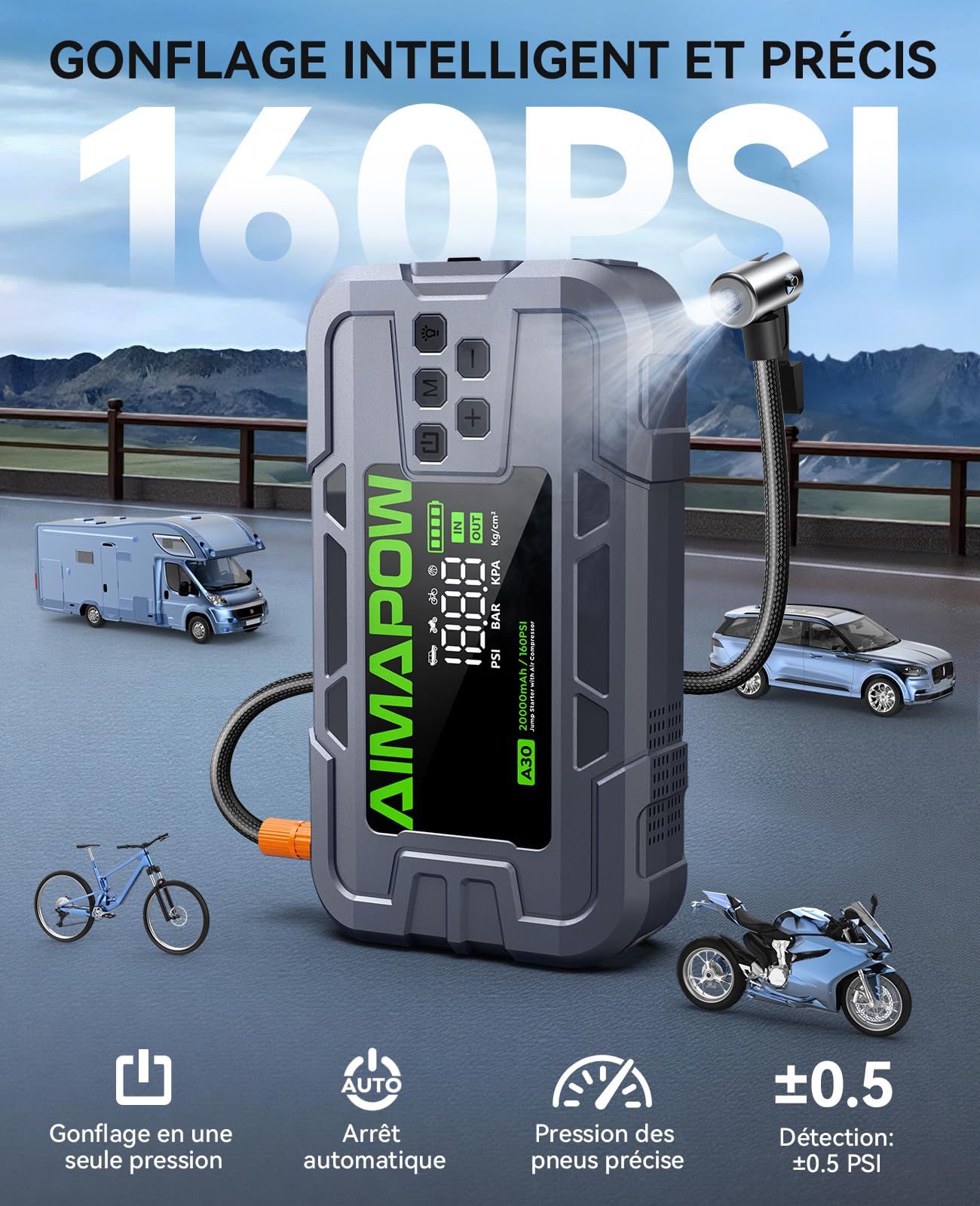 AIMAPOW Booster Batterie Voiture 12V 9000A avec Compresseur 160 PSI, Démarreur Portable 2-en-1 pour Essence et Diesel Jusqu’à 12L, Gonfleur Pneus Auto-Stop, Écran LCD, Pinces Intelligentes, LED 600LM