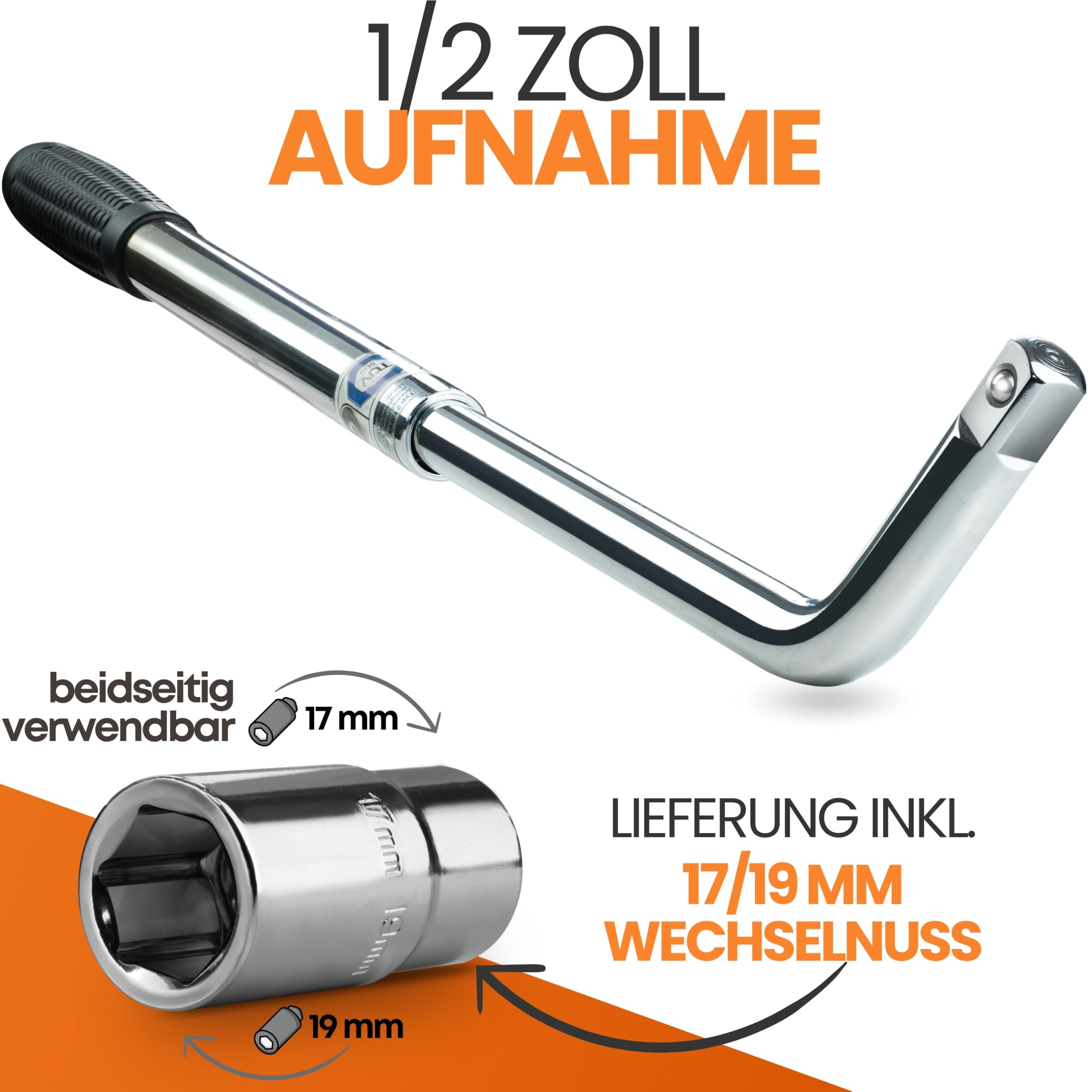 bonsport Teleskop Radmutternschlüssel Auto 17/19mm - Inkl. 3er-Set Felgenüsse & 8er-Set Reifenmarkierer - Radschlüssel ausziehbar - 1/2 Zoll Radschraubenschlüssel