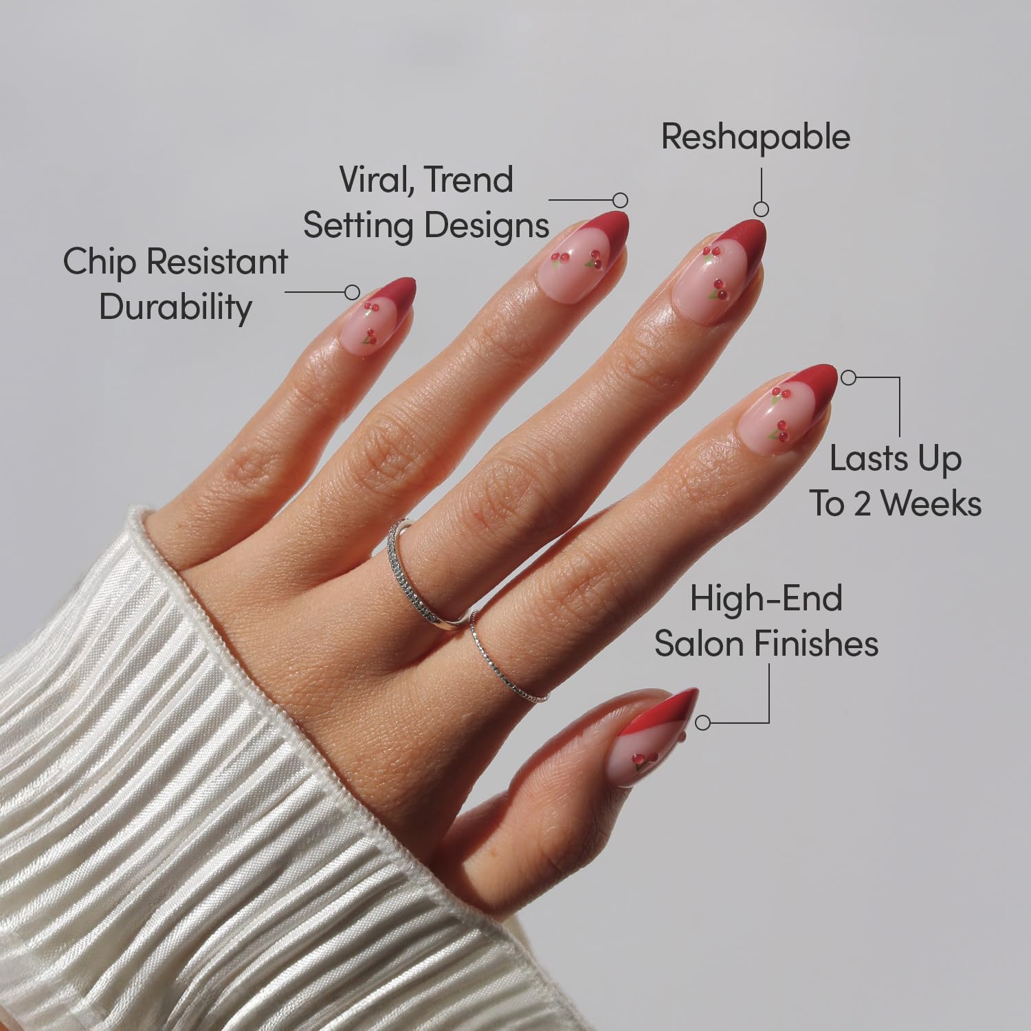 Glamnetic Press On Nails - Cherry Bomb | Short Almond Fake Nails with Glossy Red French Tips & 3D Cherry Accents on Semi-Transparent Base, Salon Quality | 15 Sizes - 30 Nail Kit with Glue - 4