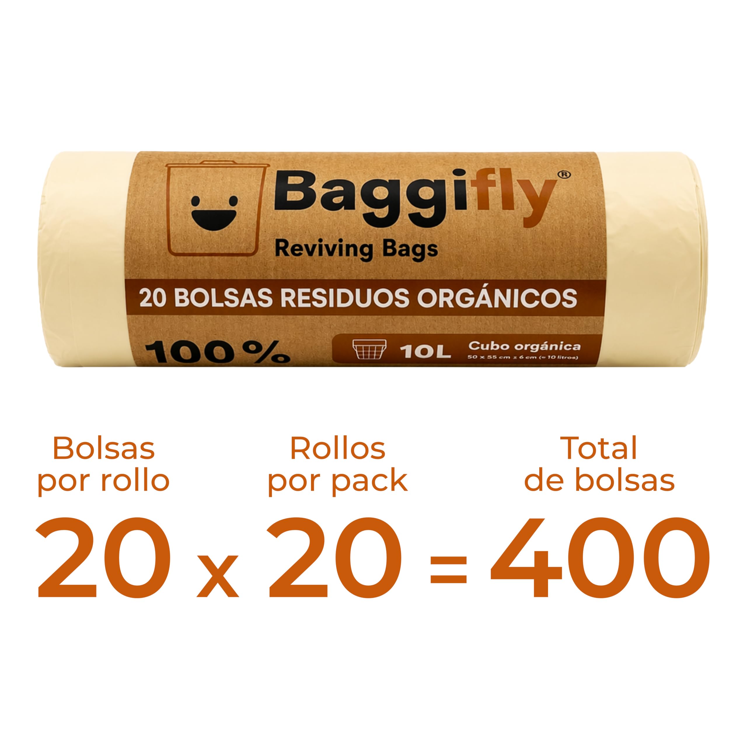 Baggifly, Bolsas de Basura Biodegradables 10L, 400 Bolsas Basura Compostables, ECO Friendly, Cubos Pequeños y Residuos Orgánicos, Pack 20 x 20, Fabricado en España