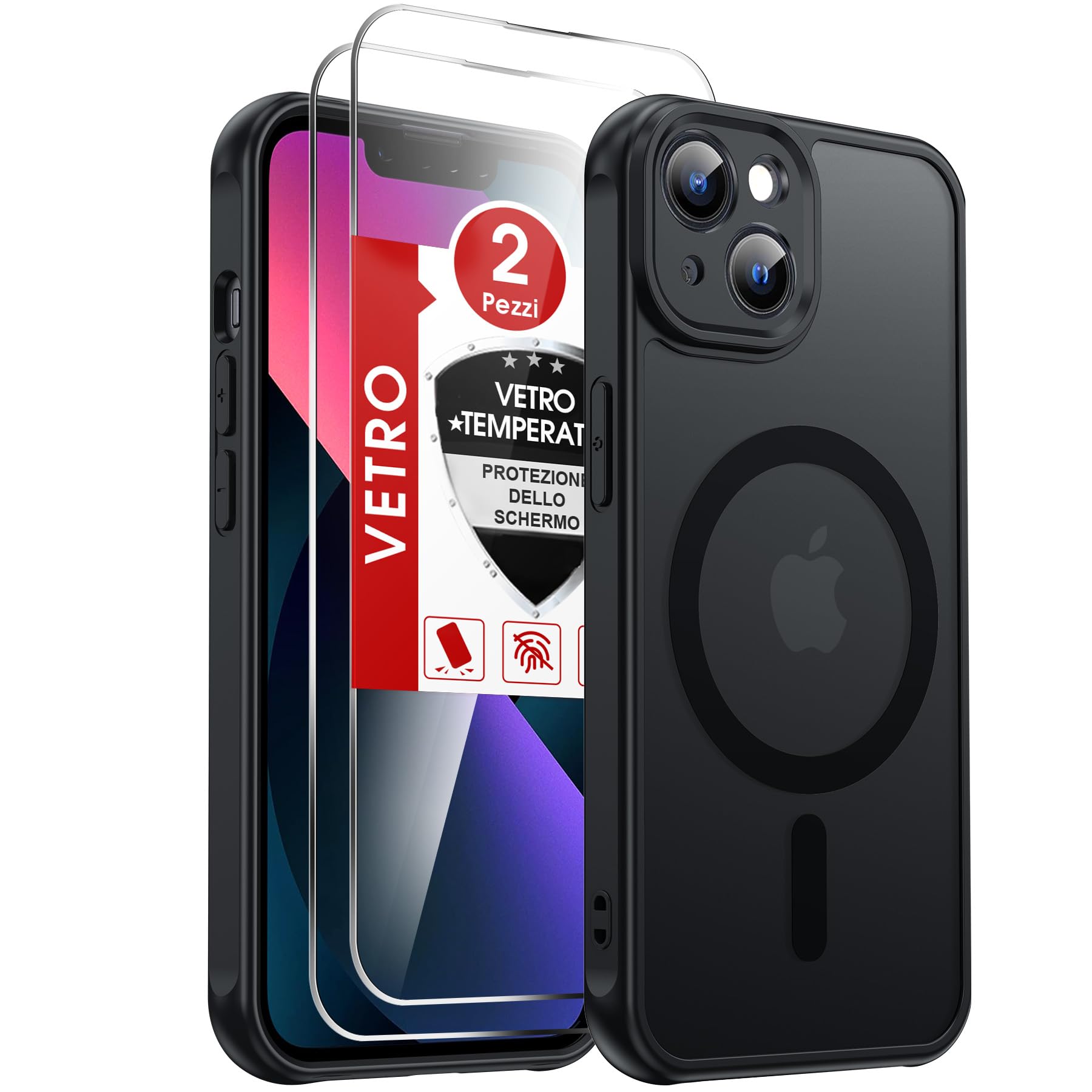 LeYi Cover Magnetica per iPhone 13 con 2 Pezzi Vetro Temperato, Custodia per iPhone 13 Traslucida Opaca Anti-Impronte Resistente ai Graffi Paraurti in TPU Antiurto Protettiva Case, Nero