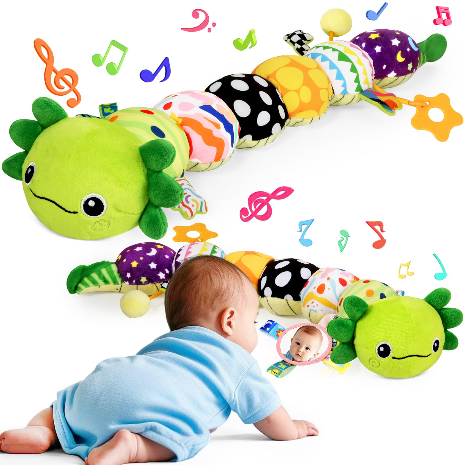 Baby Toys for 0-6 6-12 Months, Plush Axolotl Toy with Crinkle and Rattles for Infant Newborn, Sensory Music Animal Stuffed Toy for 0 1 2 3 4 5 6+