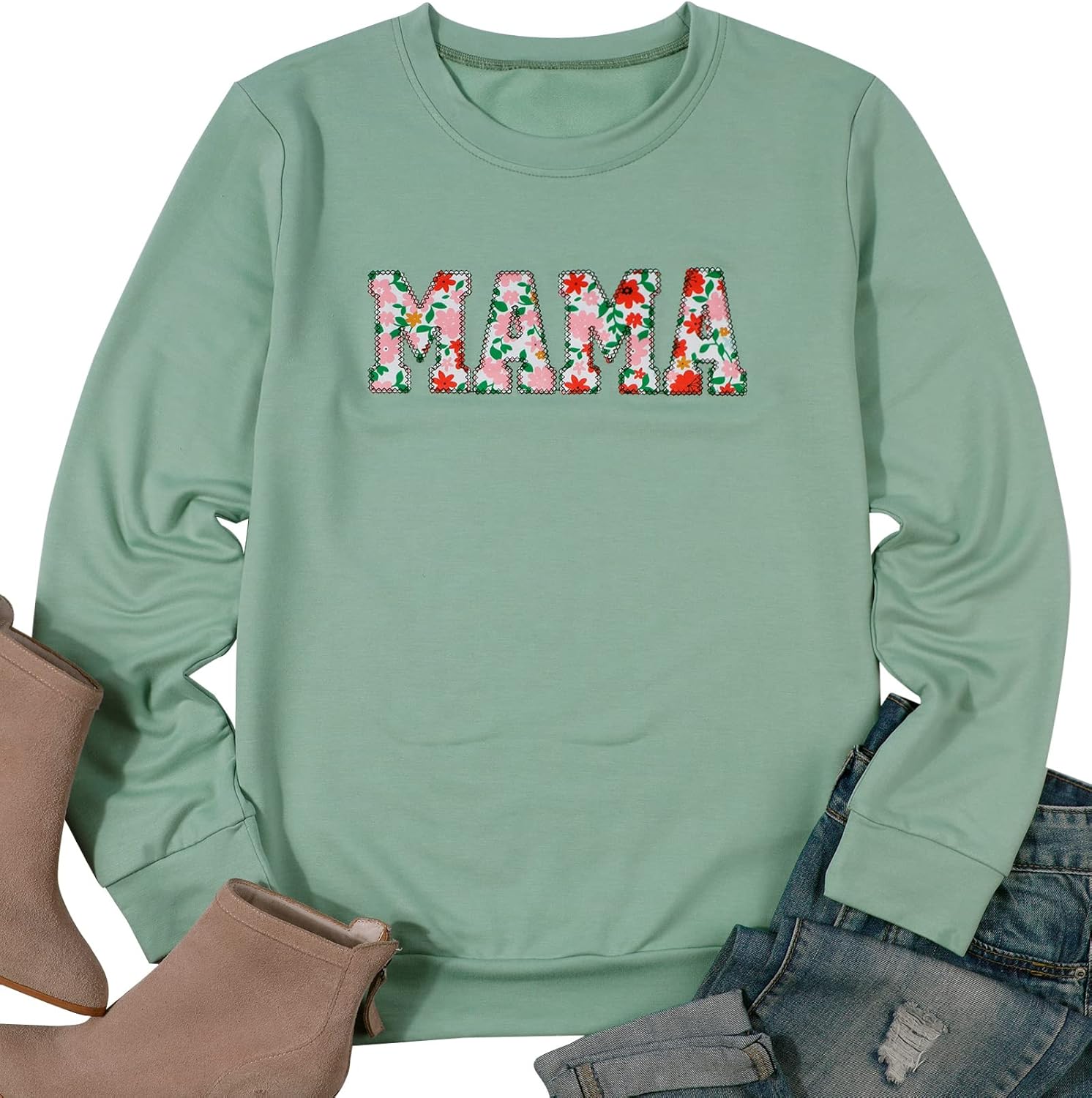 BANGELY Mama Floral Sweatshirt Women Funny Embroidered Retro Mama Letter Pullover Gift For Mom Long Sleeve Shirt - Image 2