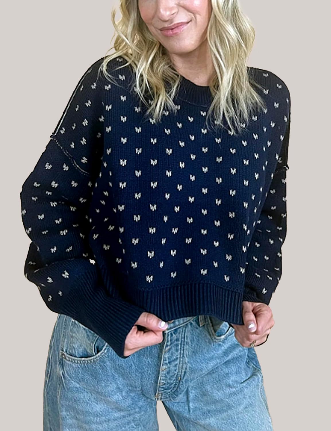 Womens Cropped Pullover Sweater Floral Print Chunky Knit Y2K Sweater Crewneck Long Sleeve Casual Fall Winter Tops(L,Blue) - Image 5
