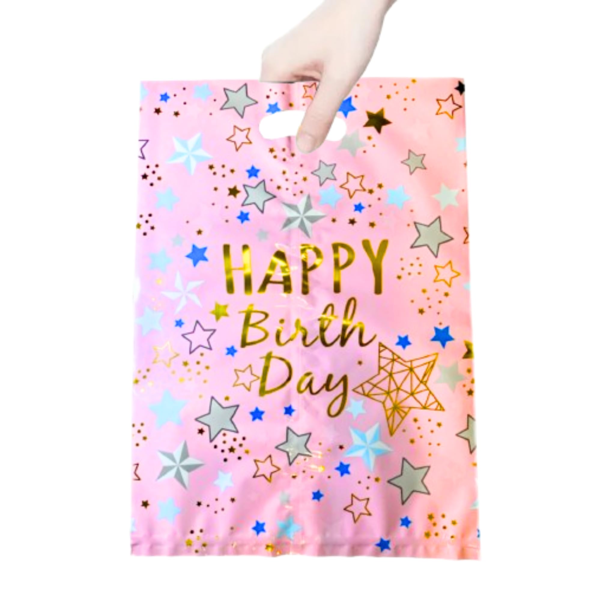 Wanna Party Pink Happy Birthday Goody bag for Return Gifts for Kids/Loot Bags/Treat Bags 10 PCS Aluminium Film Goodies Loot Bags Bulk for Kids Baby Girls & Boys Birthday Return Gift-12" x 8"