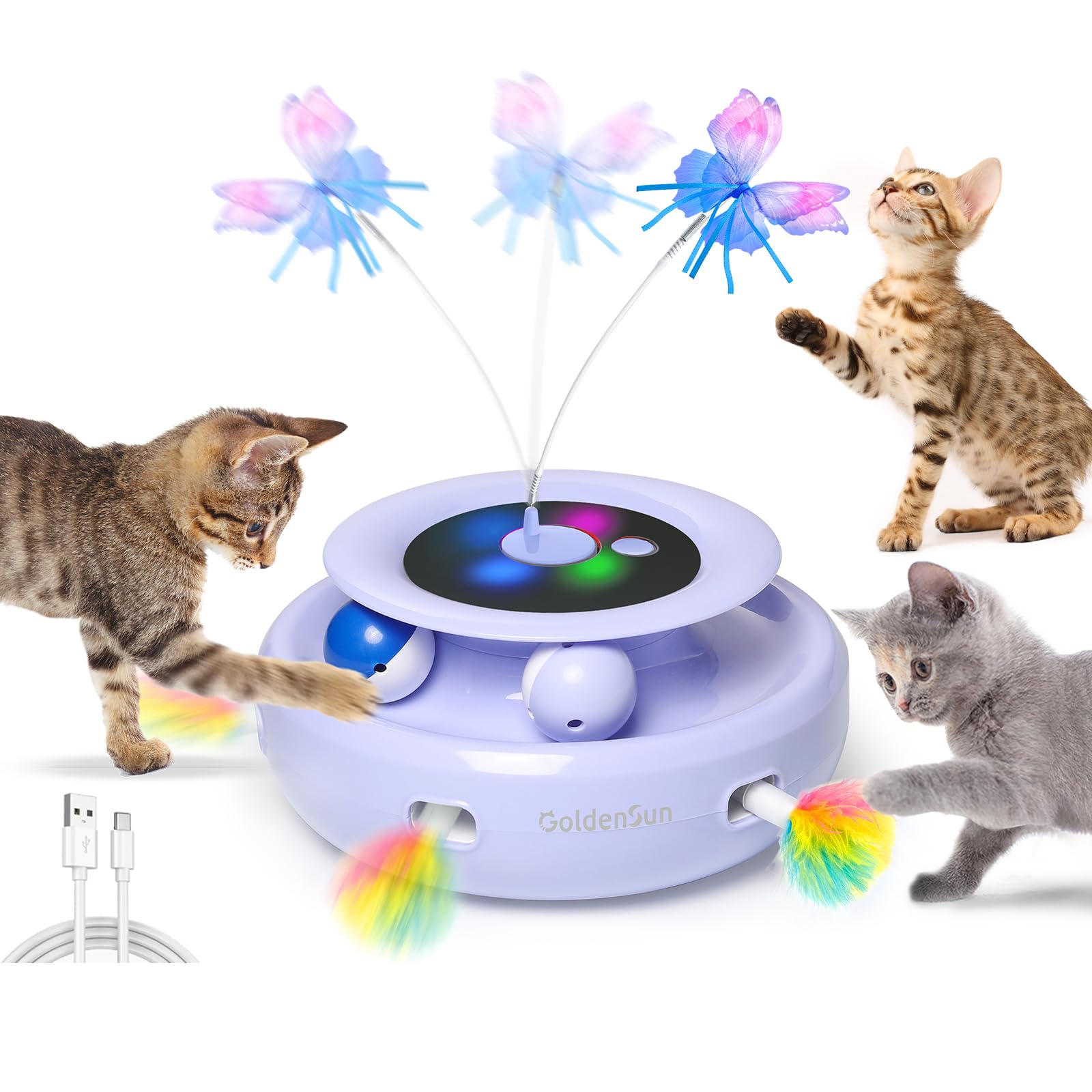 GoldenSun 3-In-1 Interactive Cat Toys for Indoor Cats Adult, Smart Cat Feather Toys, Rechargeable Power Cat Toys Balls & Handmade Butterfly Toy, Cat Teaser Toys โ image 1