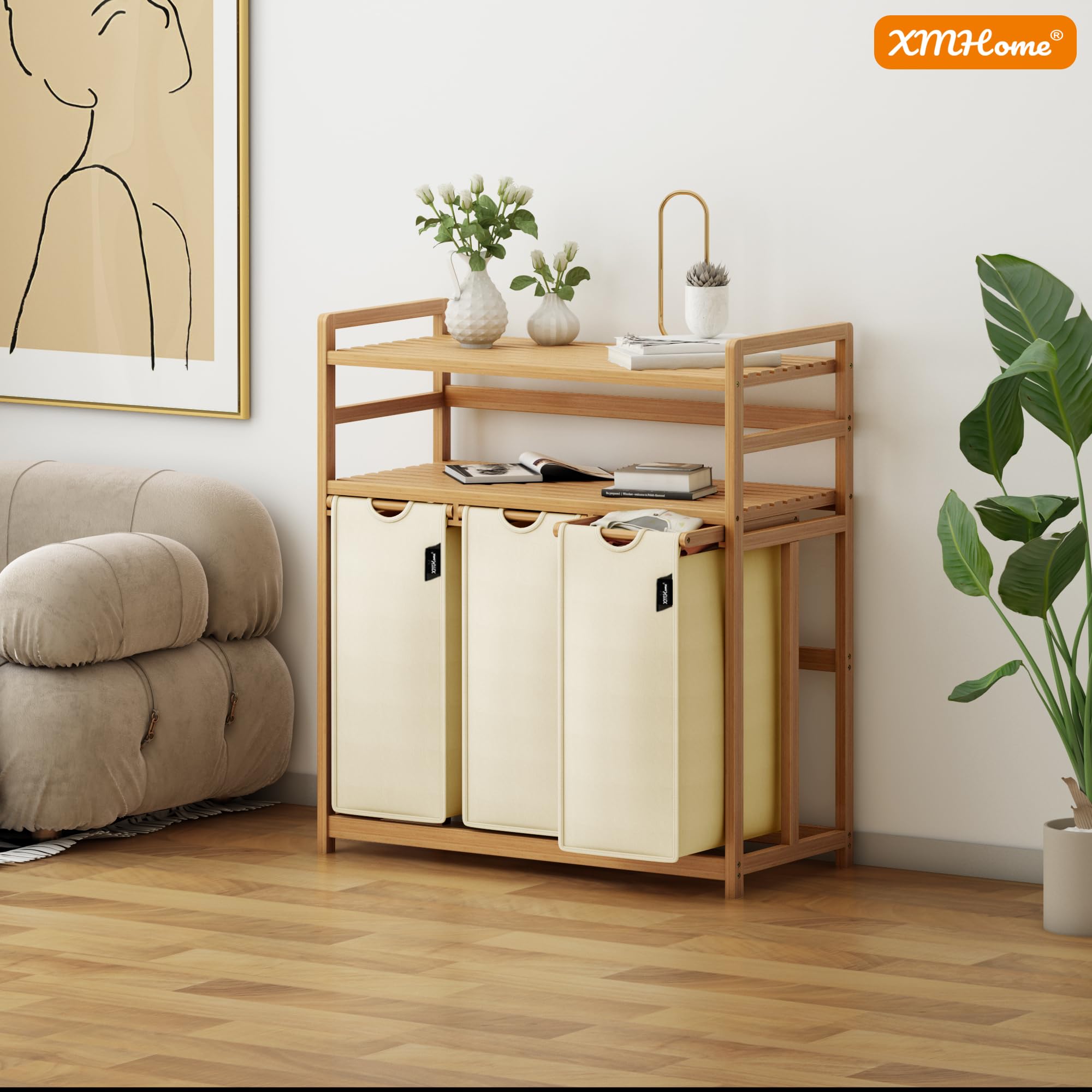 cesto para la ropa sucia con 3 compartimentos de 148 litros de bambú con 2 niveles Gran cesto de lavandería con bolsa extraíble rectangular Caja de lavandería para baño dormitorio y lavandería