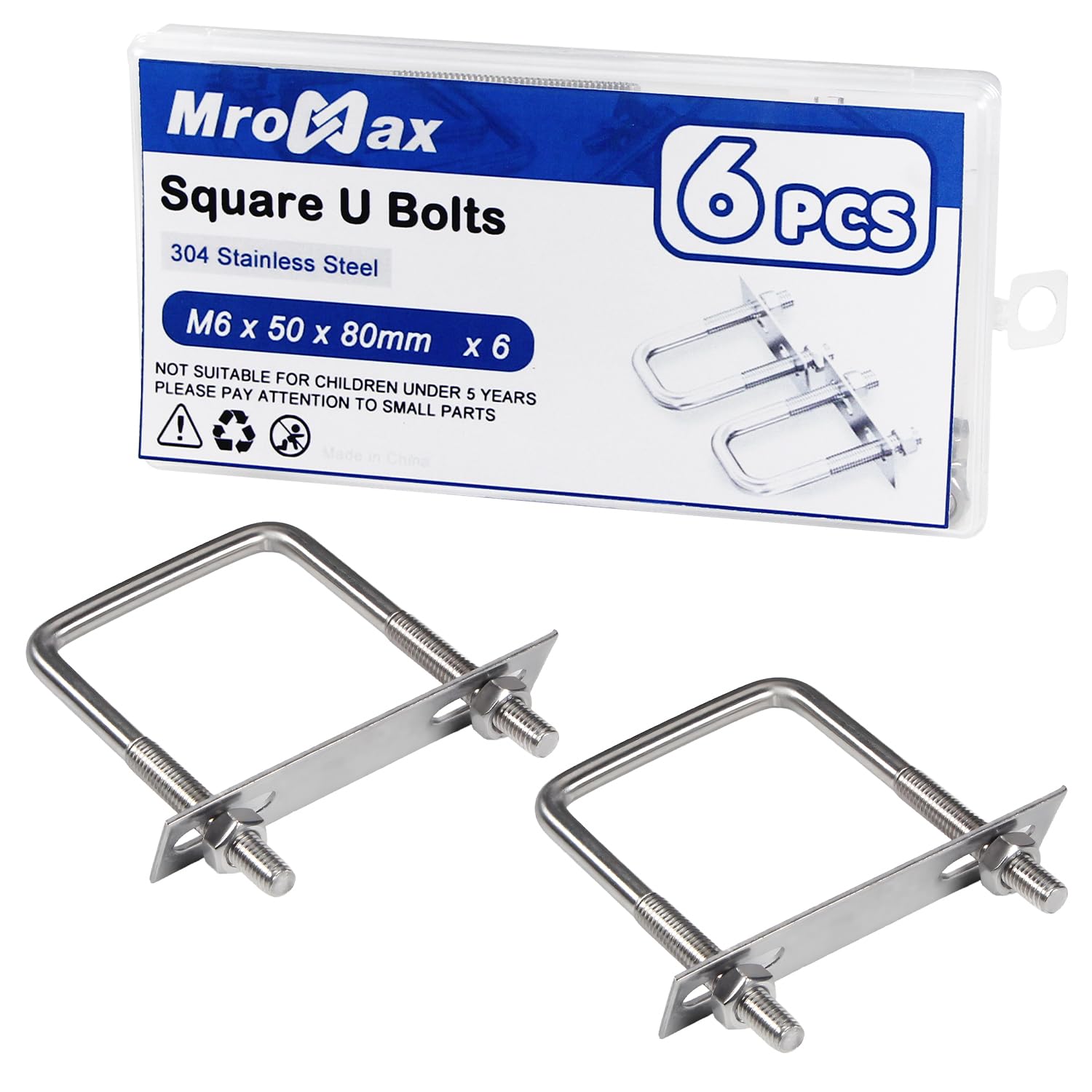 MroMax 6Pcs Square U-Bolts 2" Inner Width, M6 x 50 x 80mm 304 Stainless Steel U-Bolts with Frame Plates and Nuts, 3.15" Length, for Automobiles