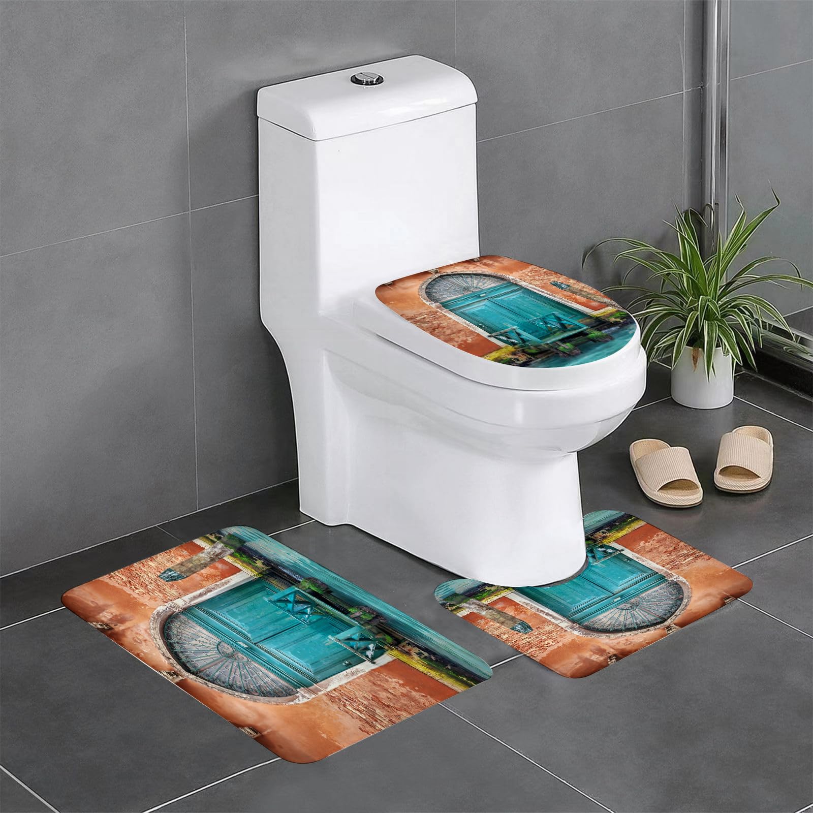 Set di 3 tappetini da Bagno, Lavabili in Lavatrice e Antiscivolo, in Morbida Fibra Superfine, con Motivo Venezia, Edificio Antico e Porta d'ingresso Antica, Città sull'acqua, stori