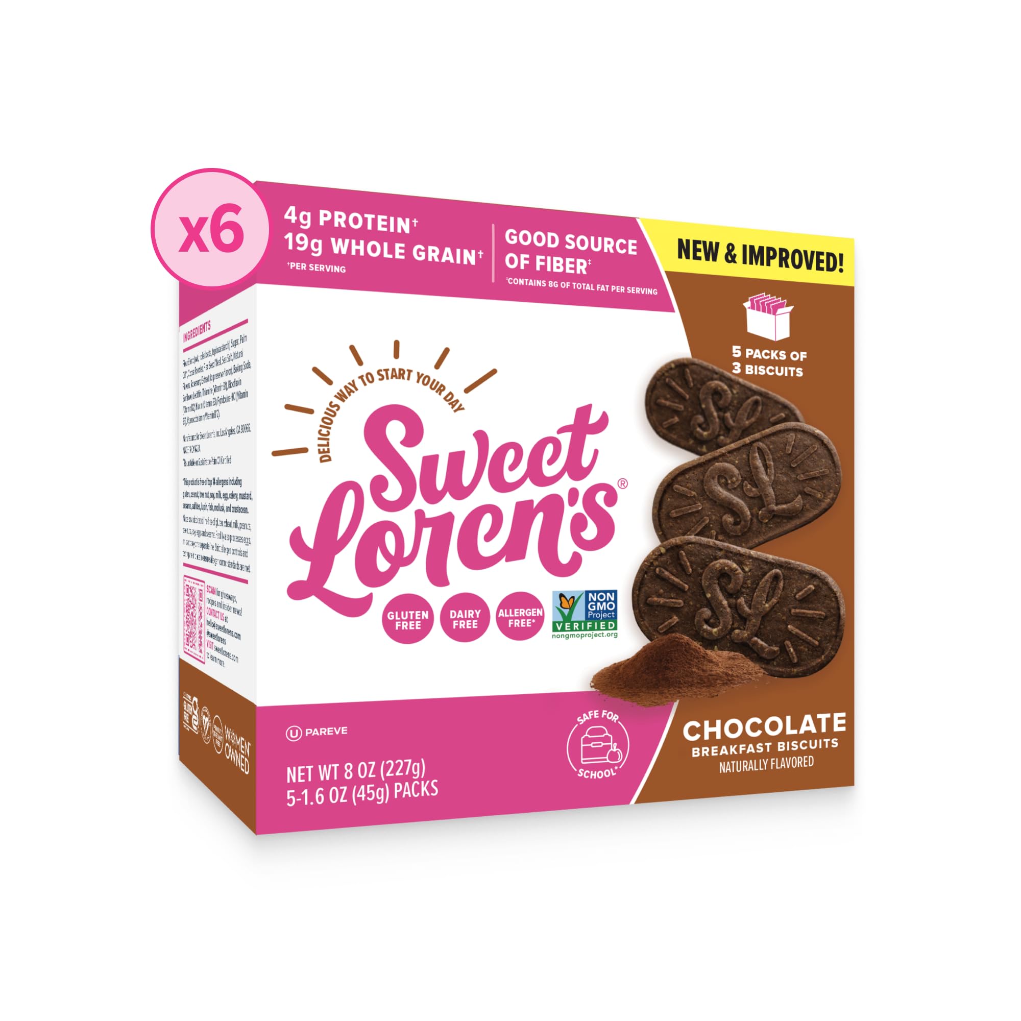 Sweet Loren's Vegan Breakfast Biscuits | Chocolate | 4g Protein, 19g Whole Grains | Plant Based, Gluten Free, Dairy Free, Nut Free Snacks | 6 Pack (30 Total Biscuits, 1.6 ounce each)