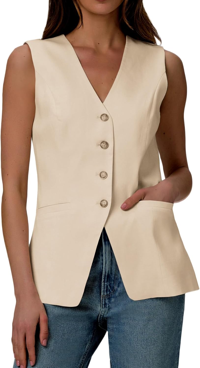 Mina Self 2026 Summer Women's Linen Sleeveless Vest Tops Blazer - Lightweight Fully V-Neck Casual Trendy Work Jacket Pockets