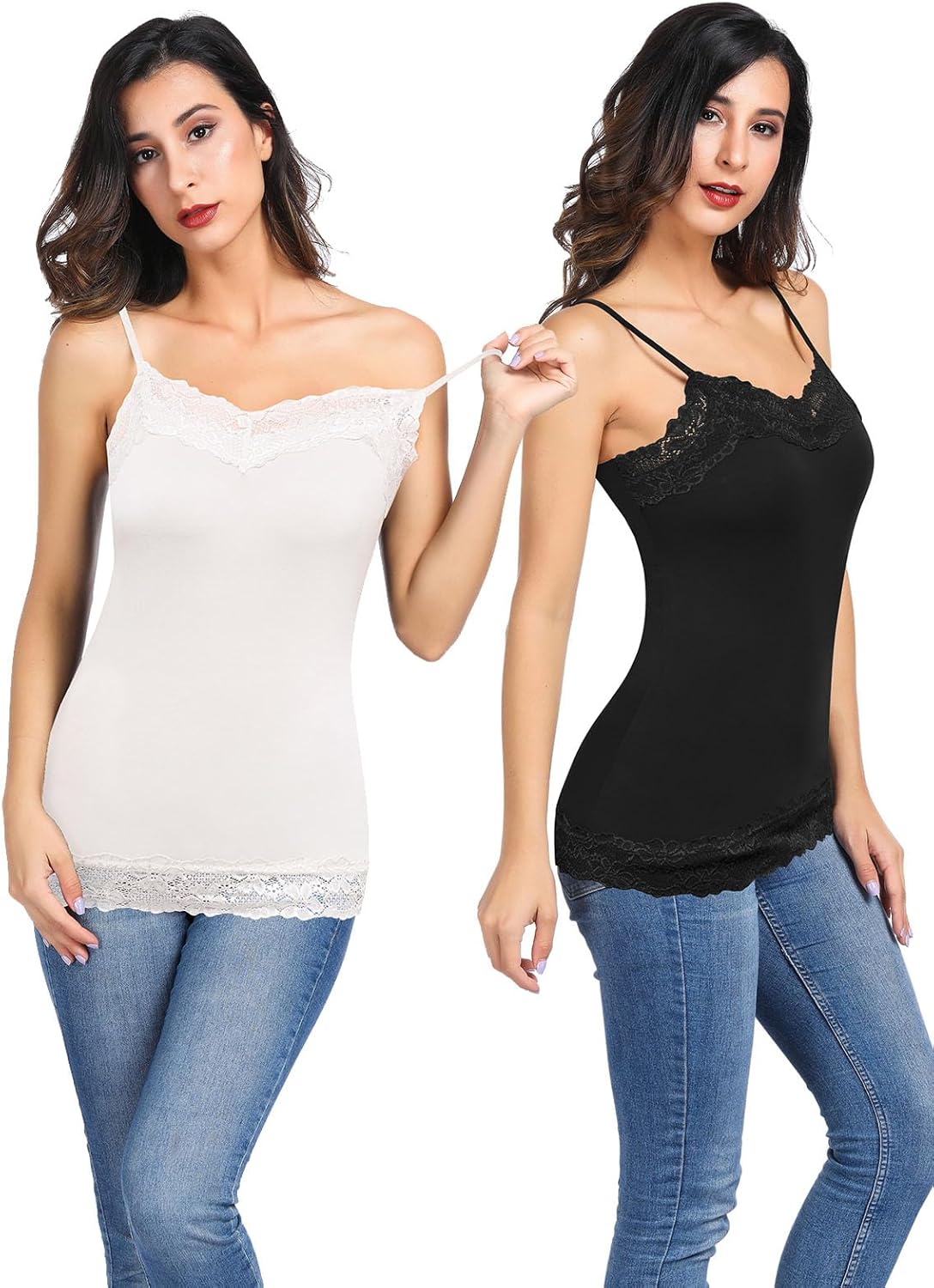 Kate Kasin Women's Adjustable Spaghetti Strap Lace Trim Cami Tunic Tank Top 2PACK - Image 3