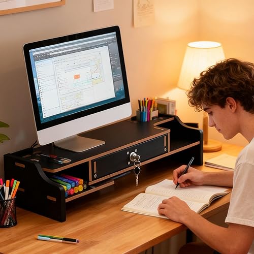 Miniatura 3 de Monitor Riser - Wooden Desktop Organizer Shelf - Desktop Organizer With Drawer - for Laptop Printer PC TV Screen Pen Home Dorm Hotel Restaurant