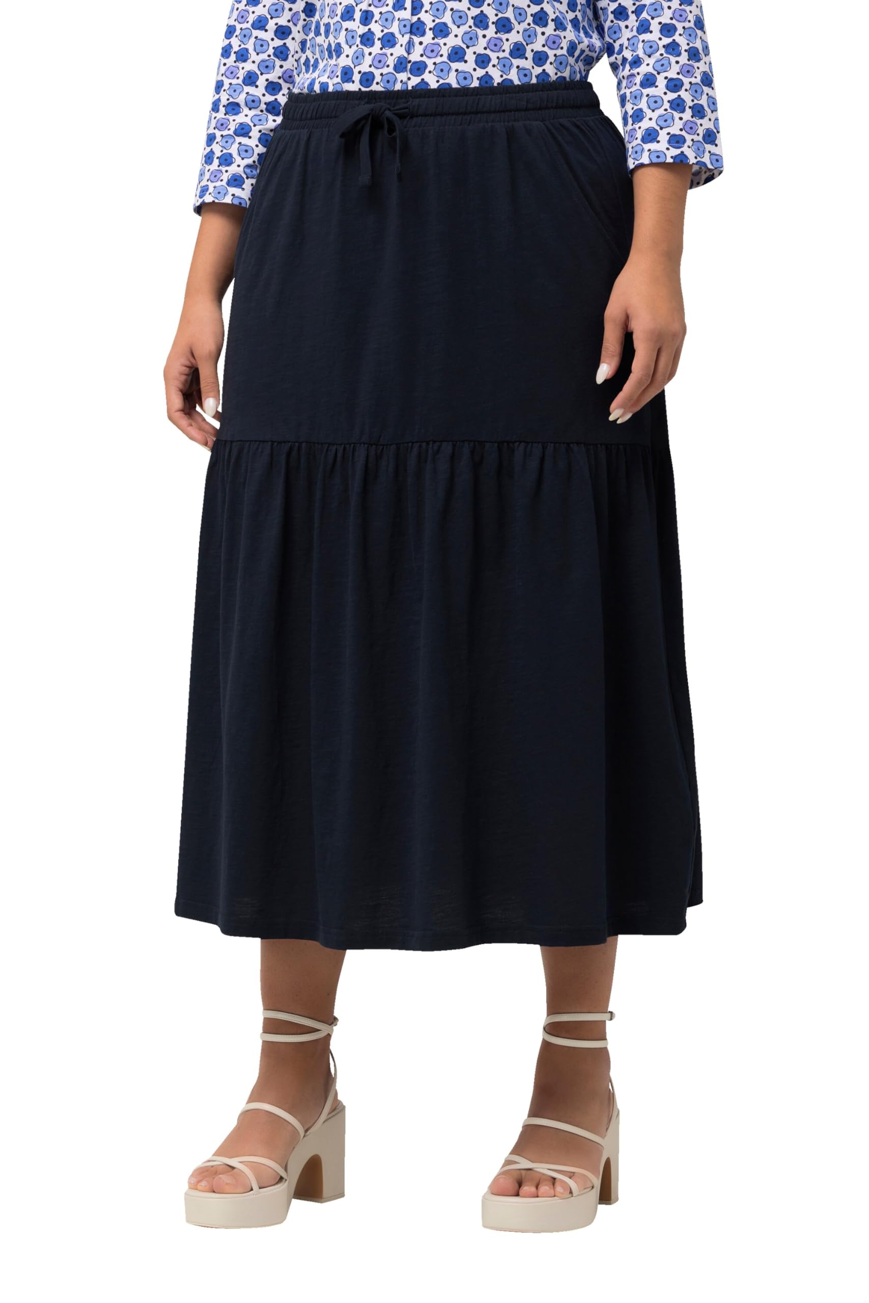 Ulla Popken Damen große Größen Übergrößen Plus Size Jerseyrock, Struktur, A-Linie, Volant, Elastikbund 829068