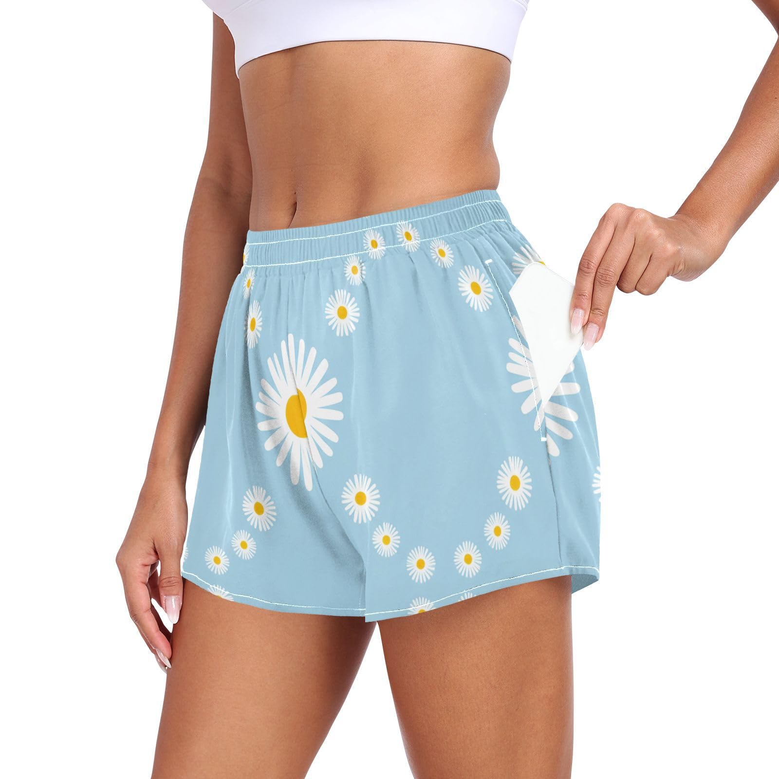 UMIRIKO Women Athletic Shorts White Daisy Yellow Running Shorts for Women 2XL 202c1443