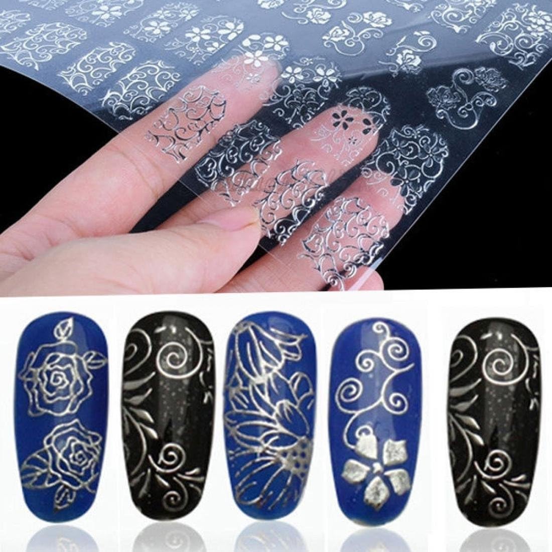 108Pcs Silver Flower Art Decals Stamping Decoration Nail Stickers 3D Tools