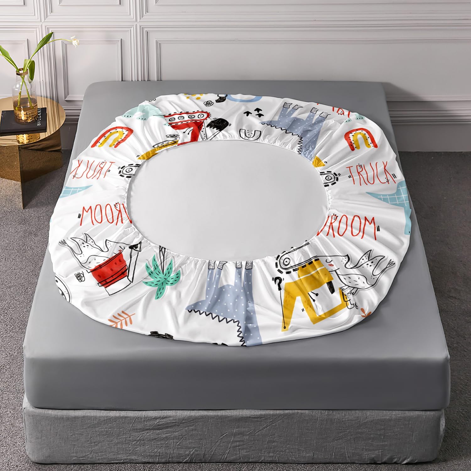 AILONEN Dinosaur Twin XL Fitted Sheet Set, Boys Kawaii Cartoon Dinosaur & Construction Excavator Sheet Set, 3 Pieces (1 Fitted Sheet, 2 Pillowcases)
