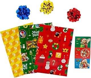 Super Mario Bros. 9-Piece Holiday Wrapping Paper Kit | Bundle Includes 3 Sheets, 3 Gift Tags, 3 Ribbon Bows