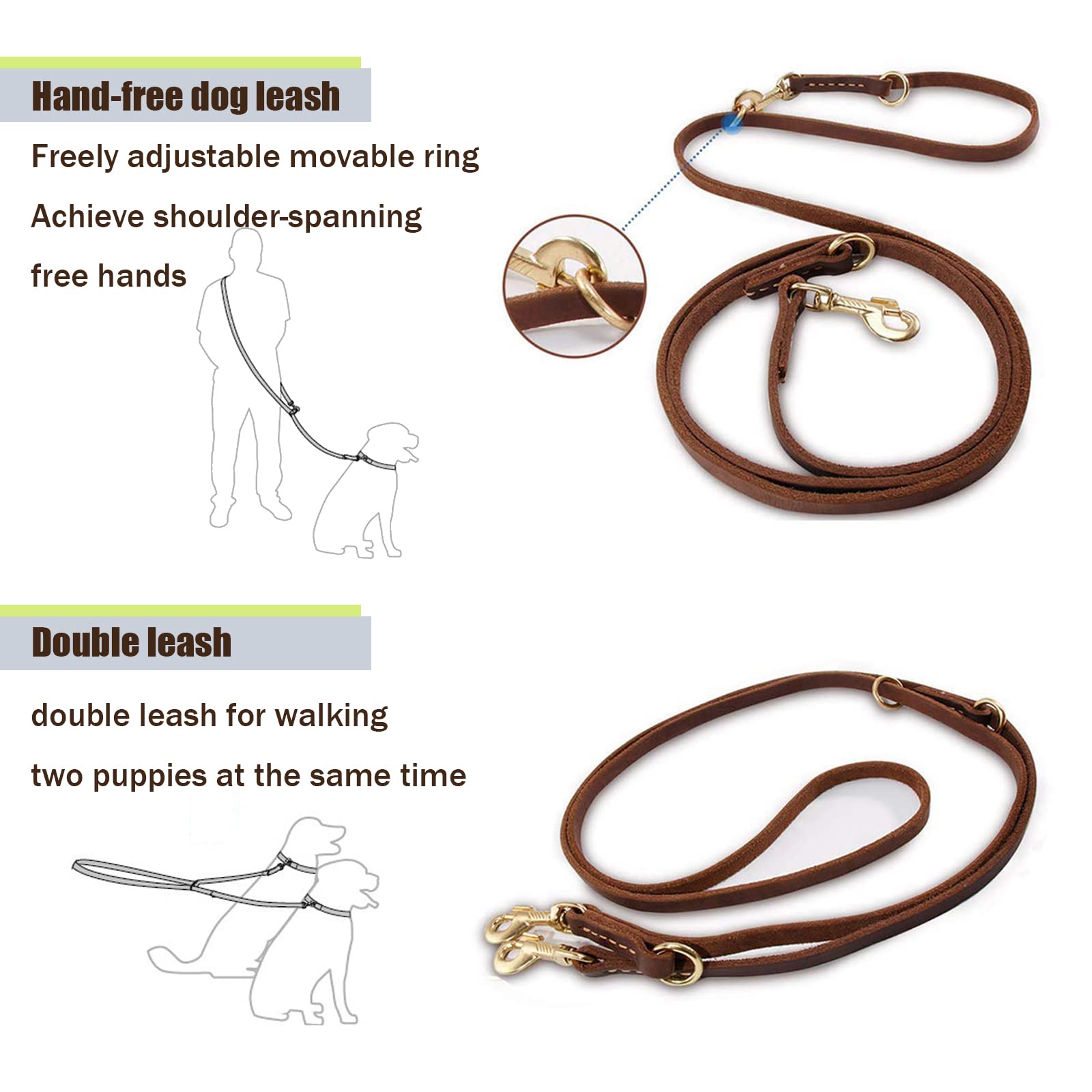 Hondenriem, lengte 2 meter, echt leer, gevlochten, bruin voor grote of middelgrote honden, verstelbaar, 2 m