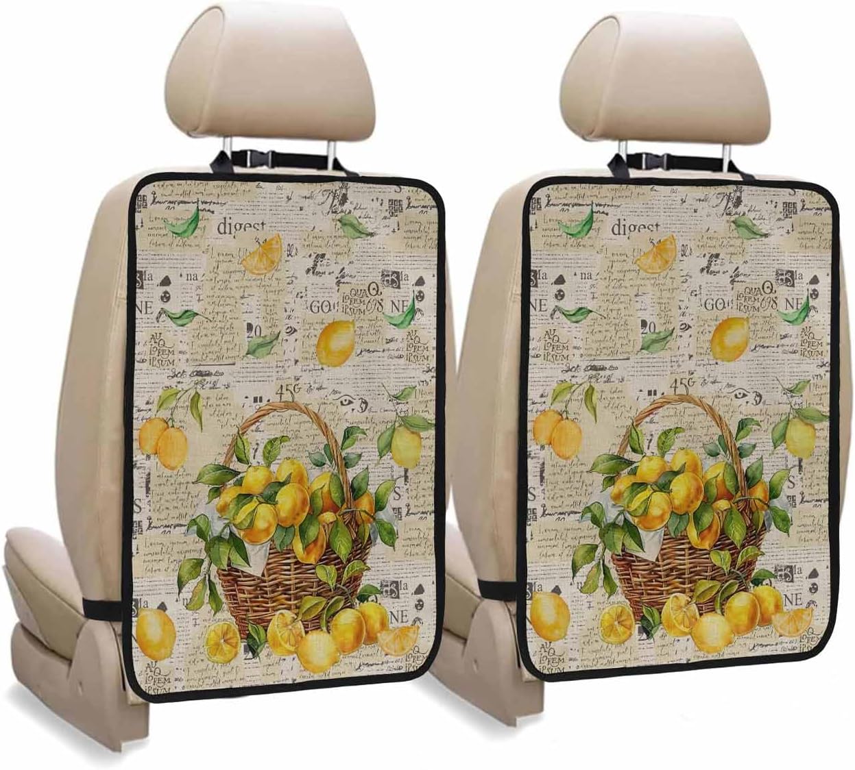 T&H XHome Car Seat Protector, 2 Pack Kick Mats Back Seat Protector Summer Lemons in Fruit Basket Old Newspaper Waterproof Backseat Cover for Kids Universal Fit Automotive Interior Protectors
