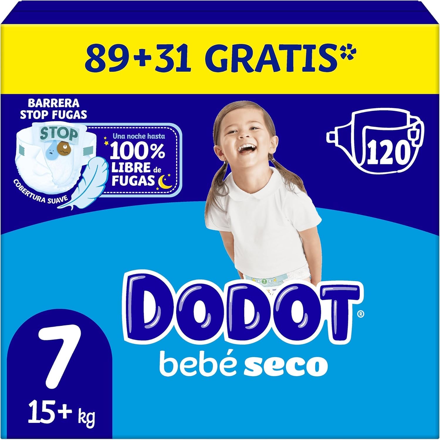 Dodot Bébé sec couches taille 7, 120 couches, 15 kg - 24 kg, une nuit jusqu'à 100% sans fuites