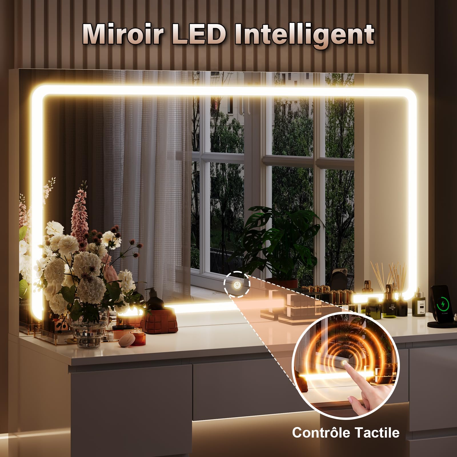 JUMMICO Coiffeuse avec Grand Miroir LED (115x60cm) et Tabouret Inclus, Table de Maquillage Moderne avec 7 Tiroirs, Station de Recharge et Éclairage Réglable, Meuble de Chambre à Coucher (Blanc)