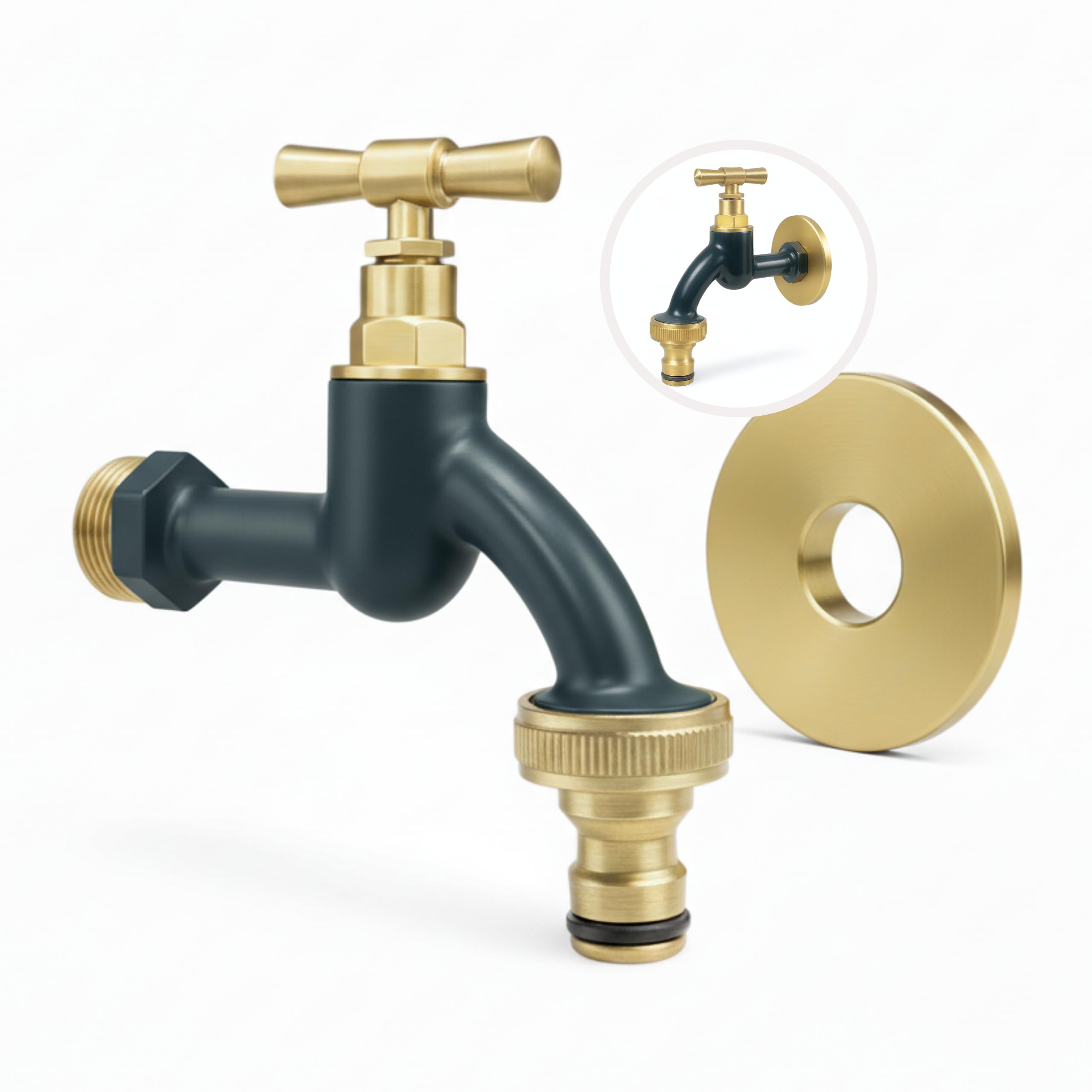 LIVLIG Garden Tap 1/2 Inch with Wall Cap and Hose Connection, Cold Water Tap Made of Brass, Gold Finish, Outdoor Tap, Design Garden Tap with Powder Coating - Anthracite