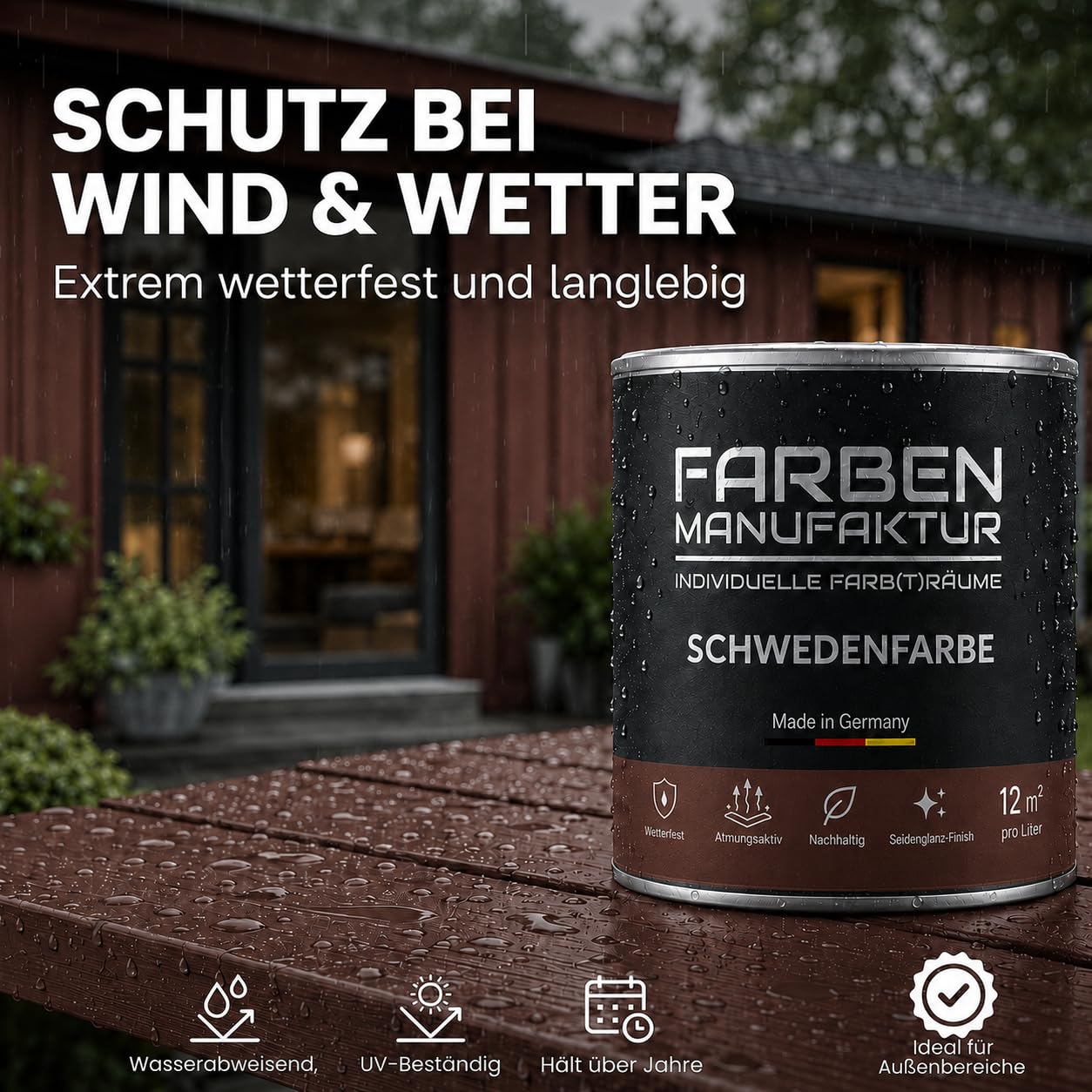 Schwedenfarbe Holzfarbe Außen Wetterfest – Holzschutzfarbe für Fassade, Gartenhaus, Zaun & Scheune – Diffusionsoffen & Nachhaltig Wetterschutzfarbe 5L, Größe: 5L, Farbe: Rotbraun
