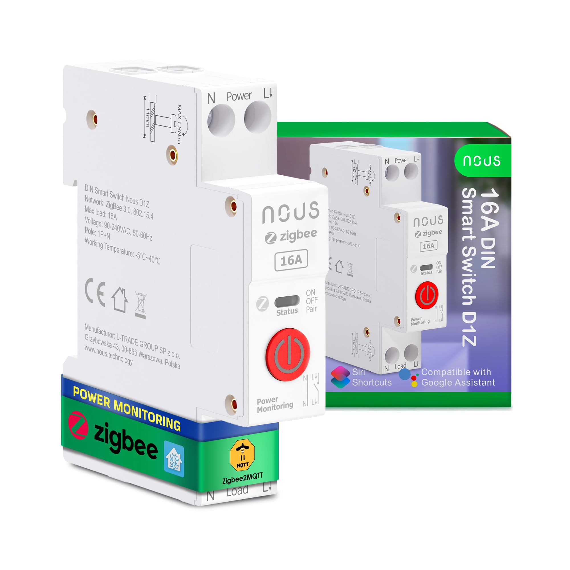 Nous Interrupteur Zigbee DIN, 16A Interrupteur Intelligent Avec Surveillance Énergétique, Compatible Avec Zigbee2MQTT, Home Assistant, Alexa et Google Home, Contrôle des applications, Contrôle vocal