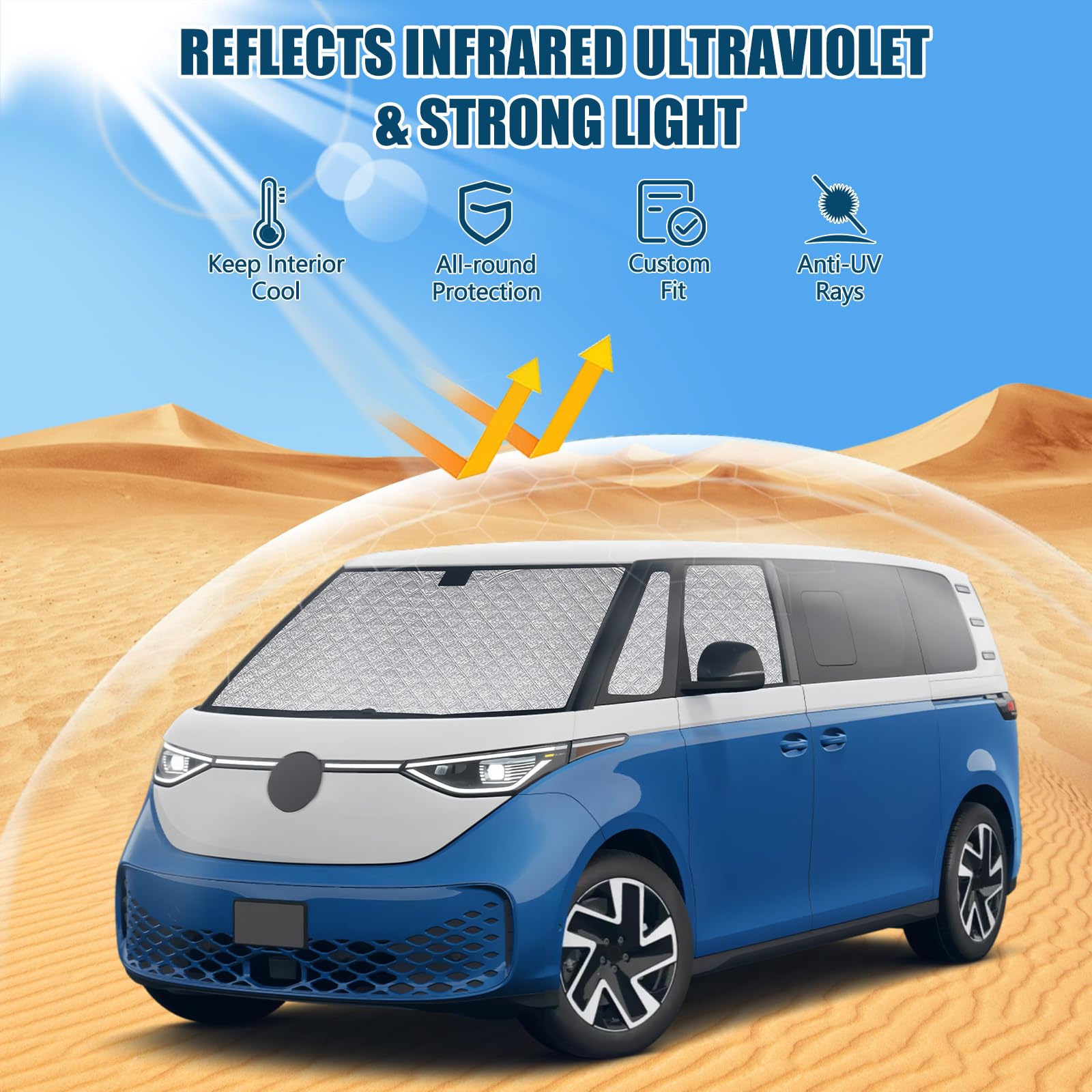 Sonnenschutz Kompatibel mit VW ID Buzz 2022-2026, 5 PCS Auto Frontscheibe Windschutzscheiben Schutz Set, Internes Thermomatte mit Aufbewahrungstasche, Faltbar Sonnenblende