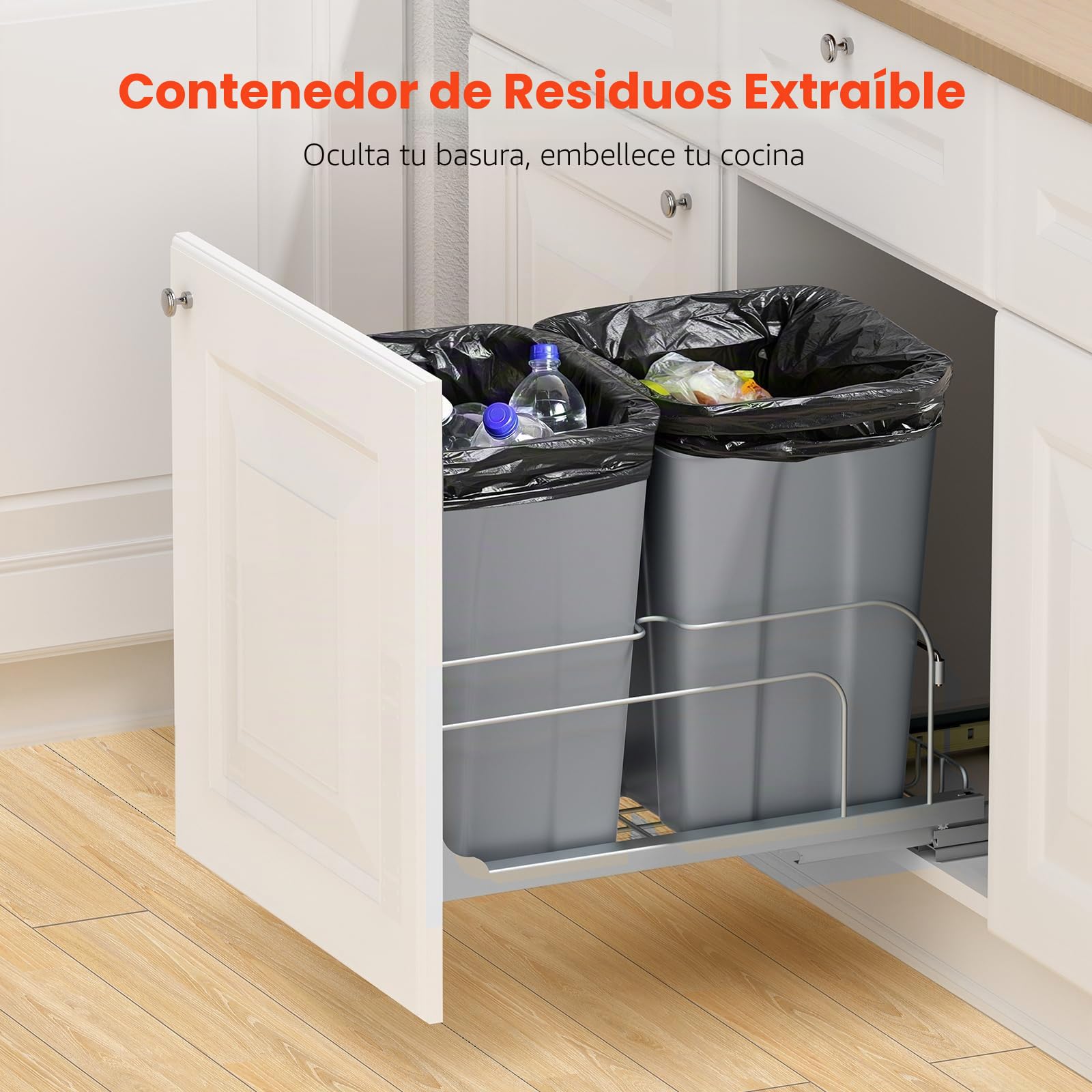 VEVOR Cubo de Basura Extraíble de 2 x 24,85 L, Doble, para Cocina, con Montaje Bajo Encimera, Resistente, con Puerta Corrediza y Cierre Suave, para Armario de Cocina, Fregadero y Encimera, Gris