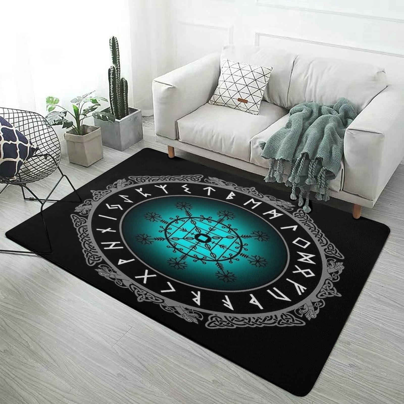 Tapis Viking Vegvisir rectangulaire pour salon et chambre motif nordique lavable 100cm
