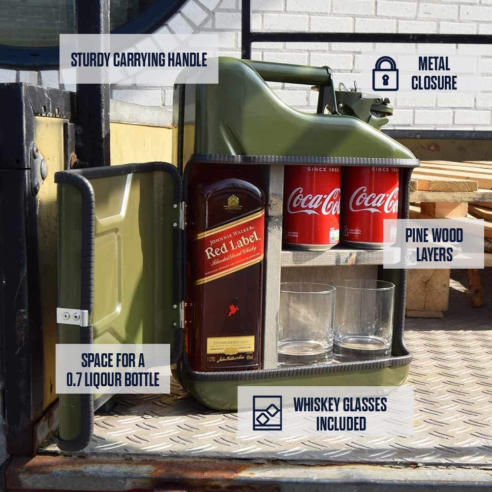 mikamax - Jerrycan Bar - Set Da Regalo – Canister – Mobile Bar – Bar Cabinet - 10L - Nero - con Due Bicchieri Di Whisky