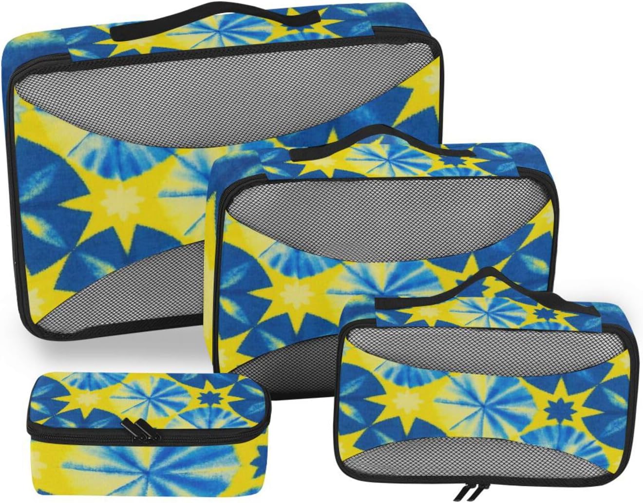 Blue-yellow Tie-dye 4 Pcs set organizer for travel Mesh Travel Essentials expandable packing cubes compression