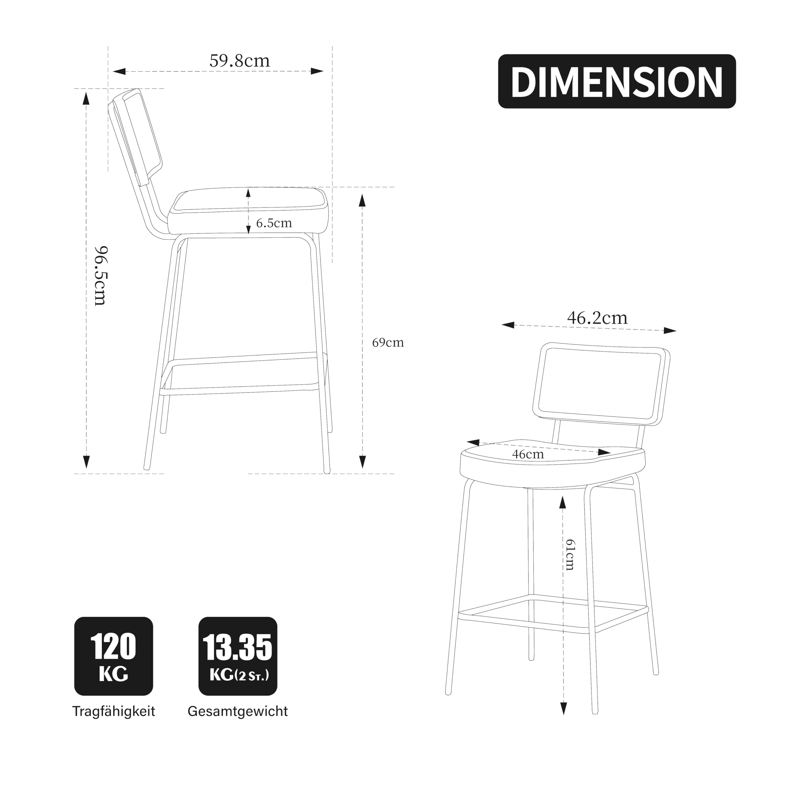 Moderno taburete de bar en diseño brillante, 2 sillas por paquete, acolchado de piel sintética en estilo vintage, diseño sin reposabrazos, respaldo con marco de madera y aspecto de ratán, patas de