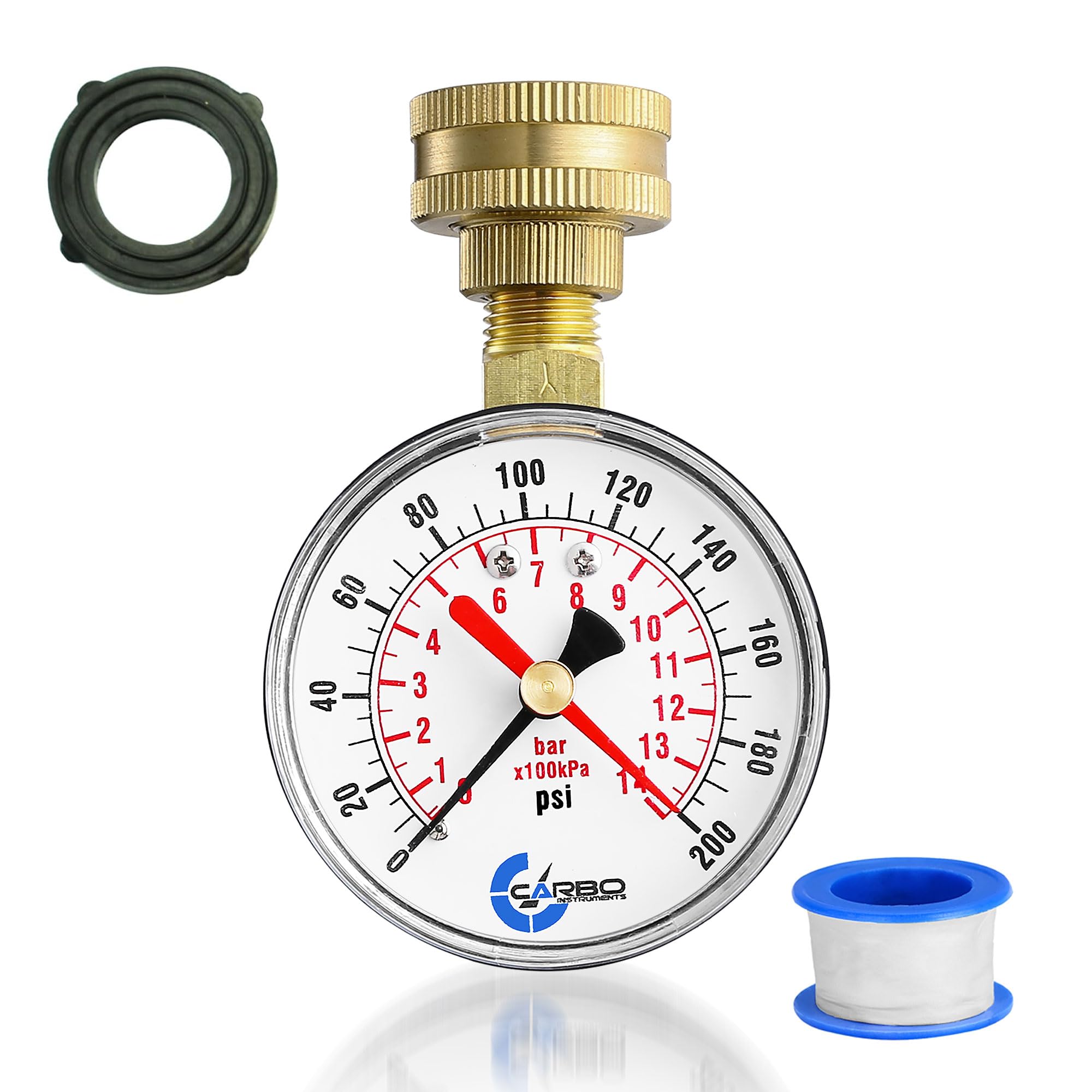 2-1/2" Water Pressure Test Gauge, 0-200 PSI, Red Max Pointer, 3/4" Female Hose Thread, Rust-Free Corrosion-Resistant Case, Brass Connector, for Home, Garden, RV, Indoor/Outdoor